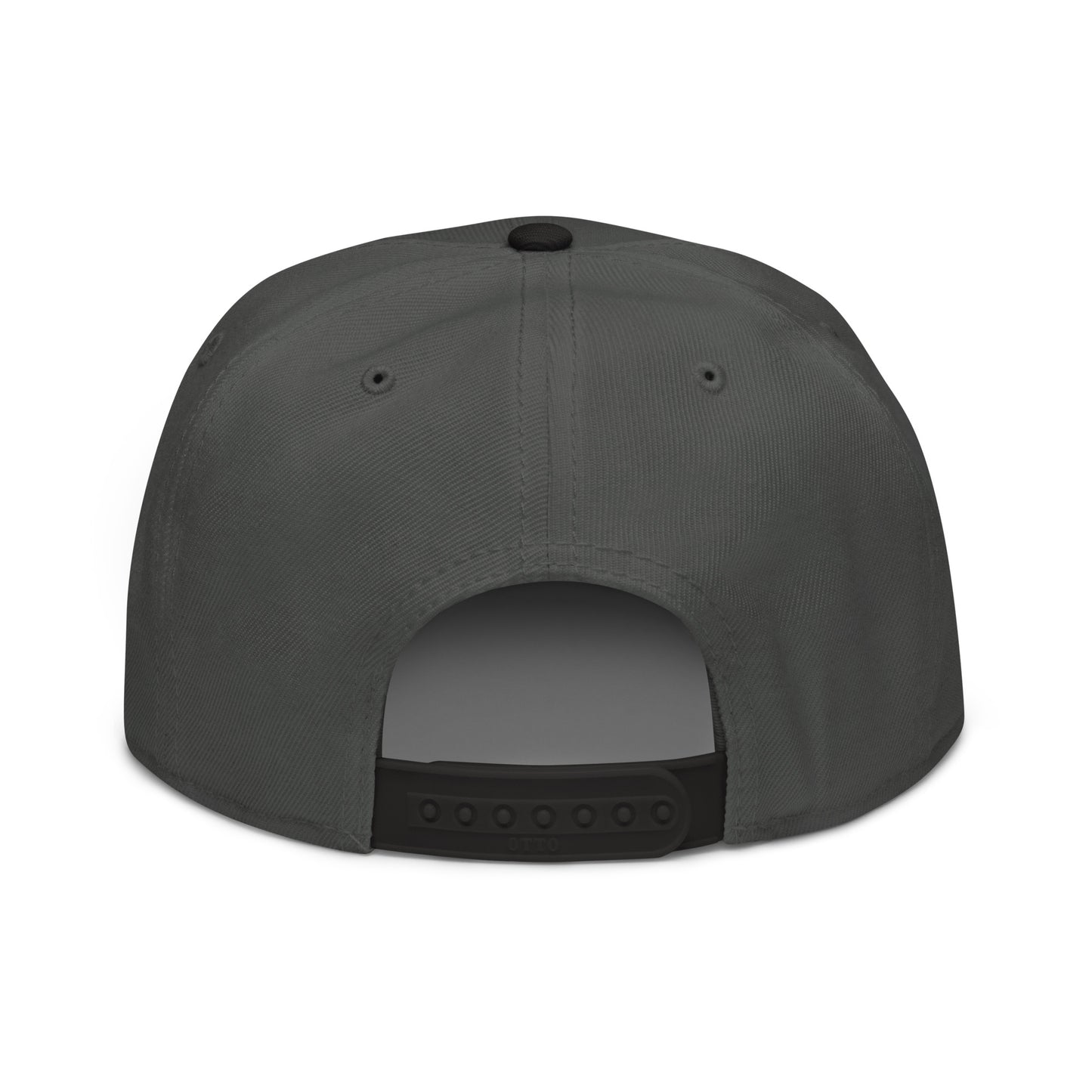 Charcoal snapback hat with open back panel and adjustable plastic strap