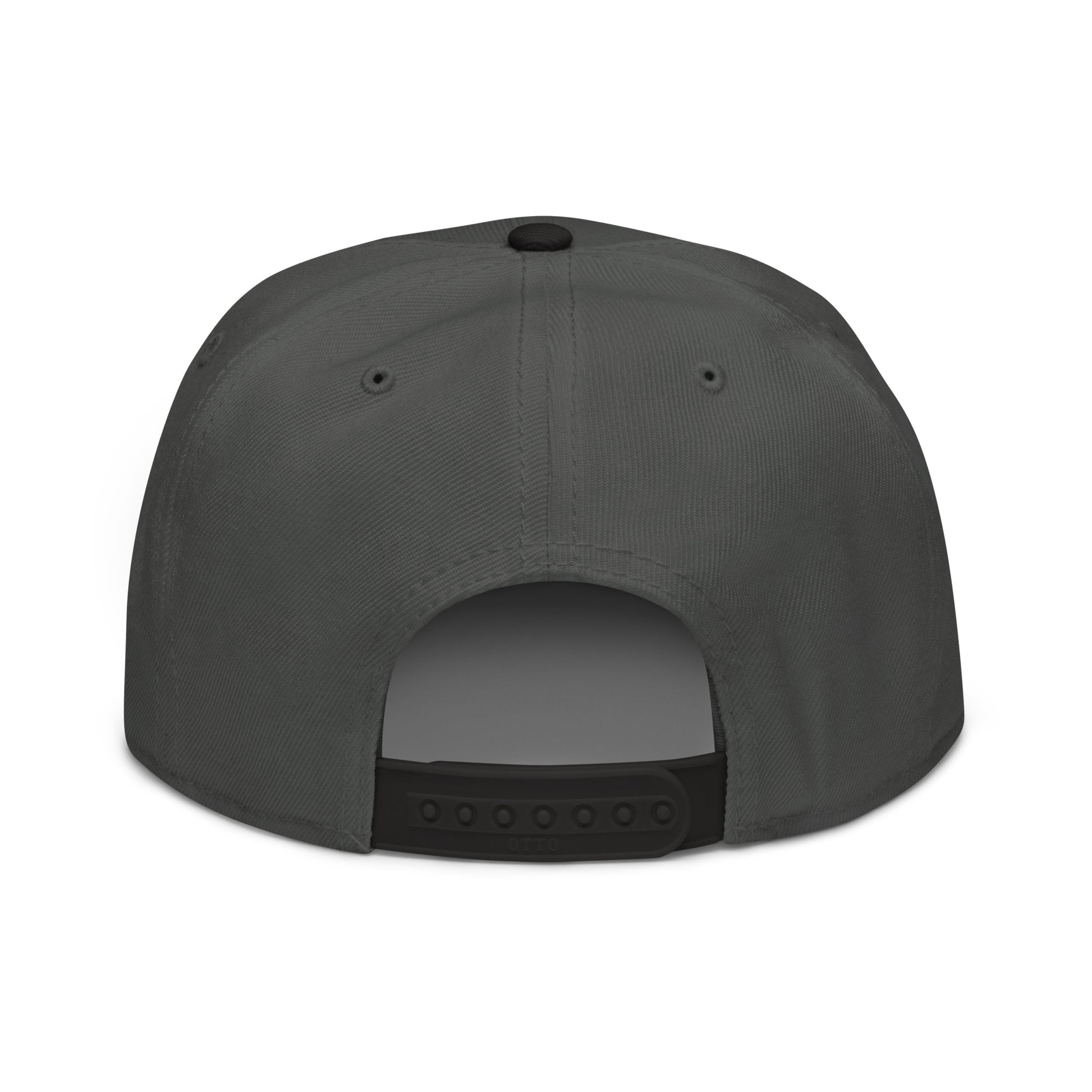 Charcoal snapback hat with open back panel and adjustable plastic strap