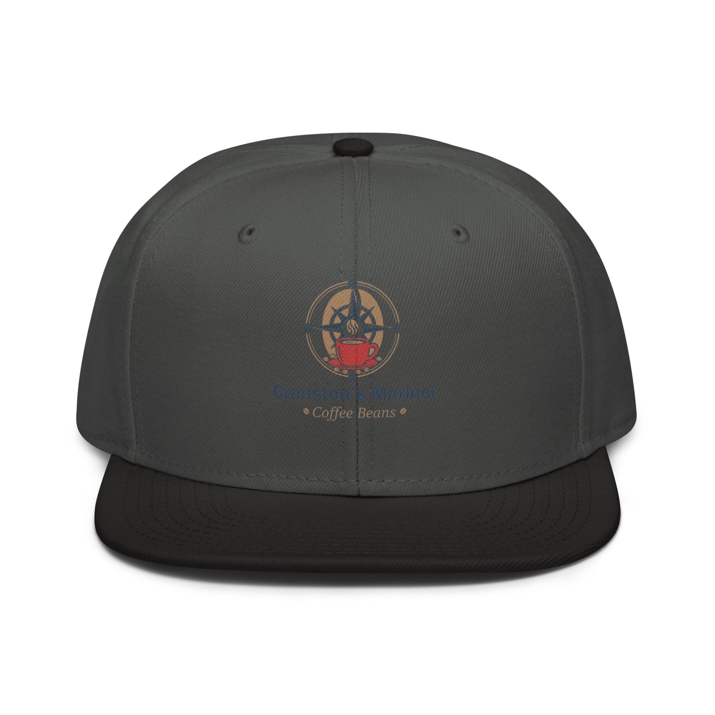 Charcoal snapback hat with front logo patch and adjustable brim strap