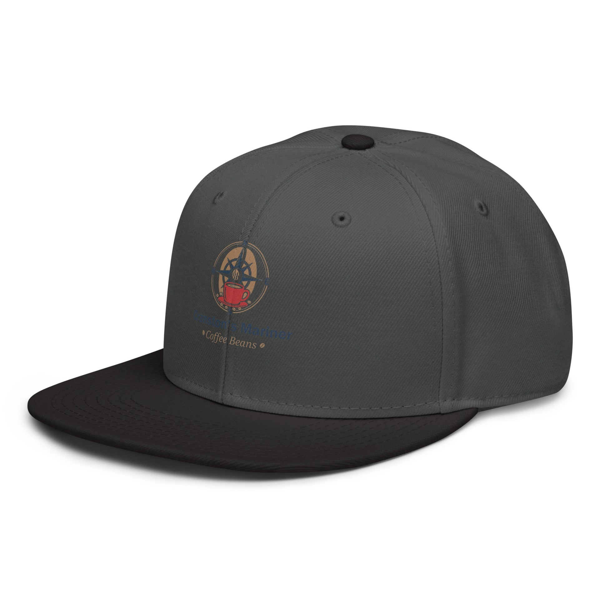 Charcoal snapback hat with logo patch on crown and curved brim