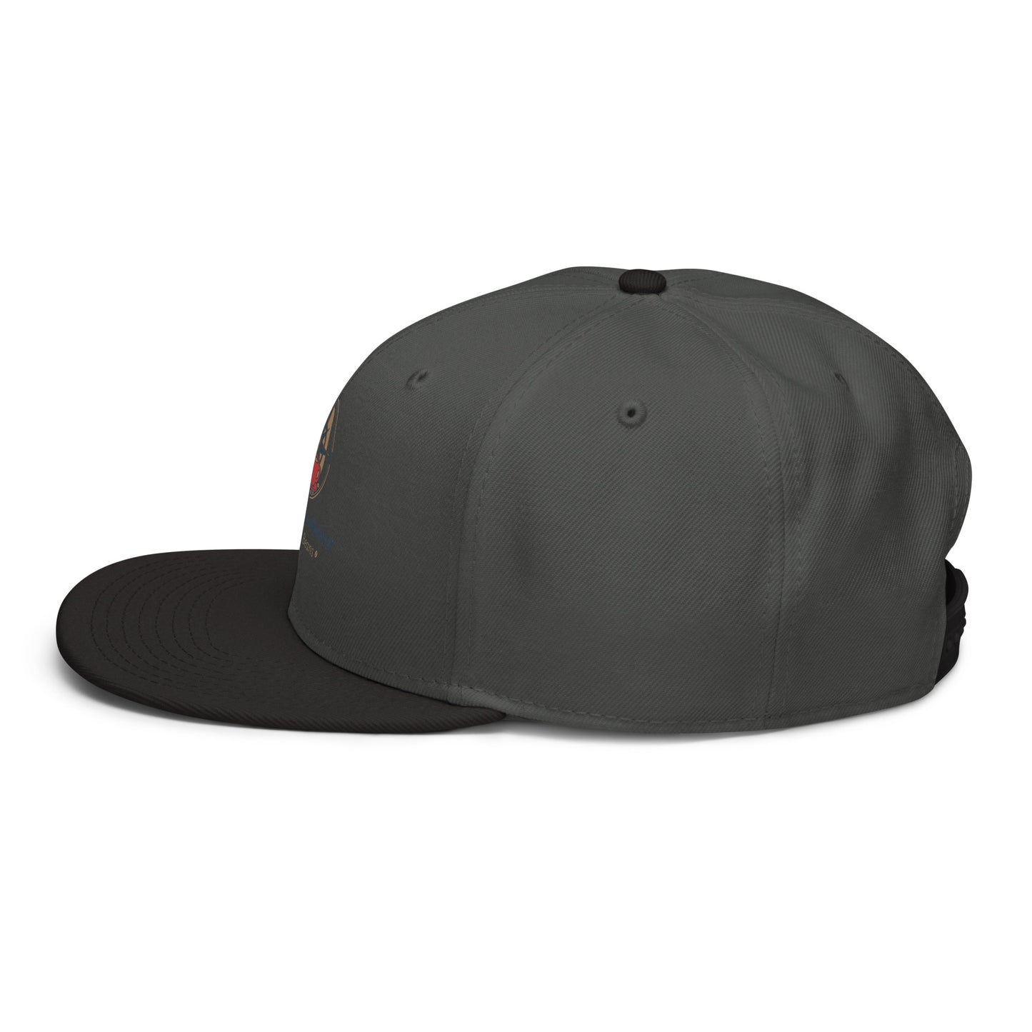 Charcoal snapback hat with curved brim and side ventilation grommets