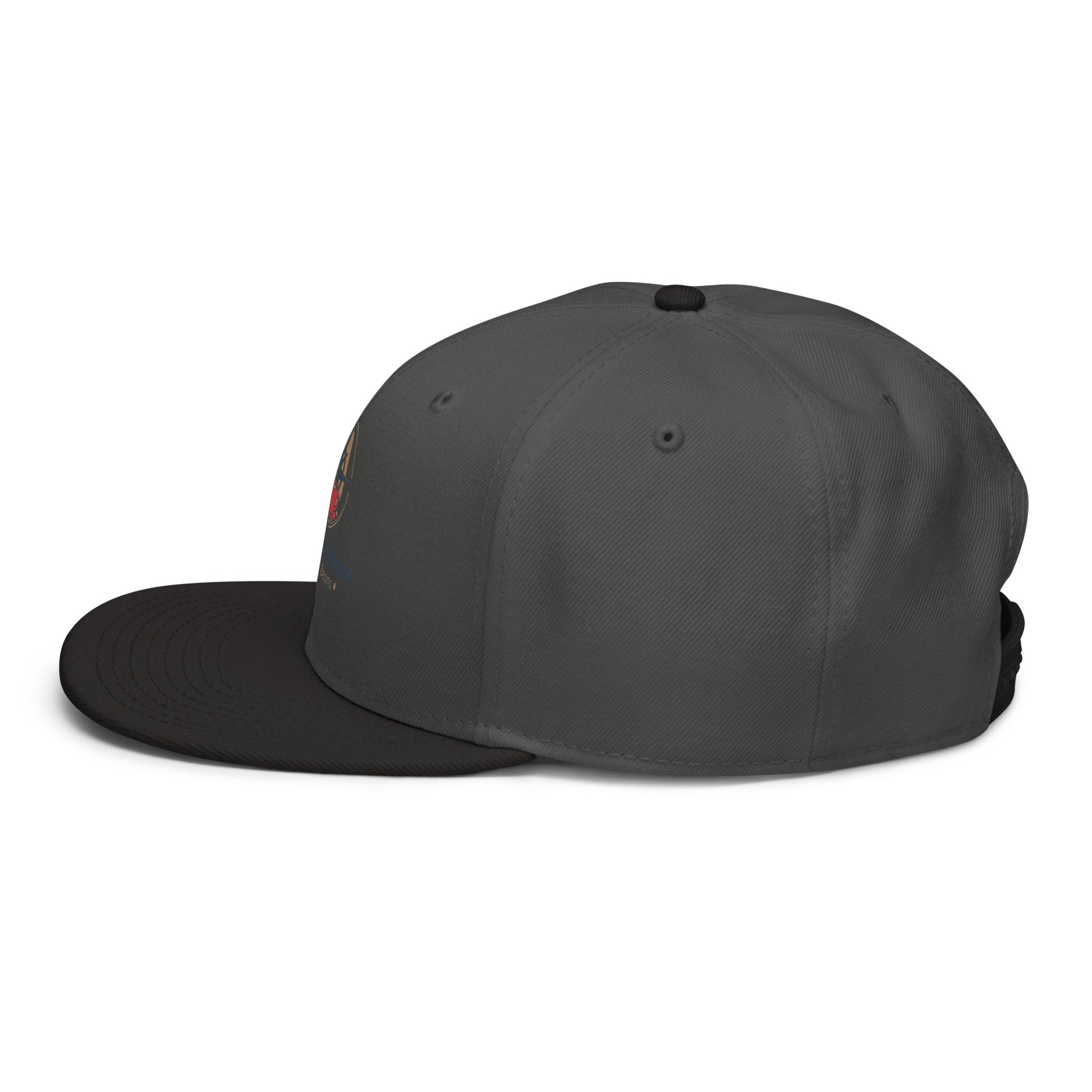 Charcoal snapback hat with curved brim and side ventilation grommets