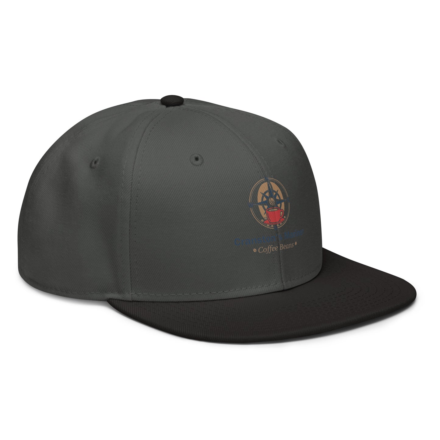 Charcoal snapback hat with front logo patch and curved brim