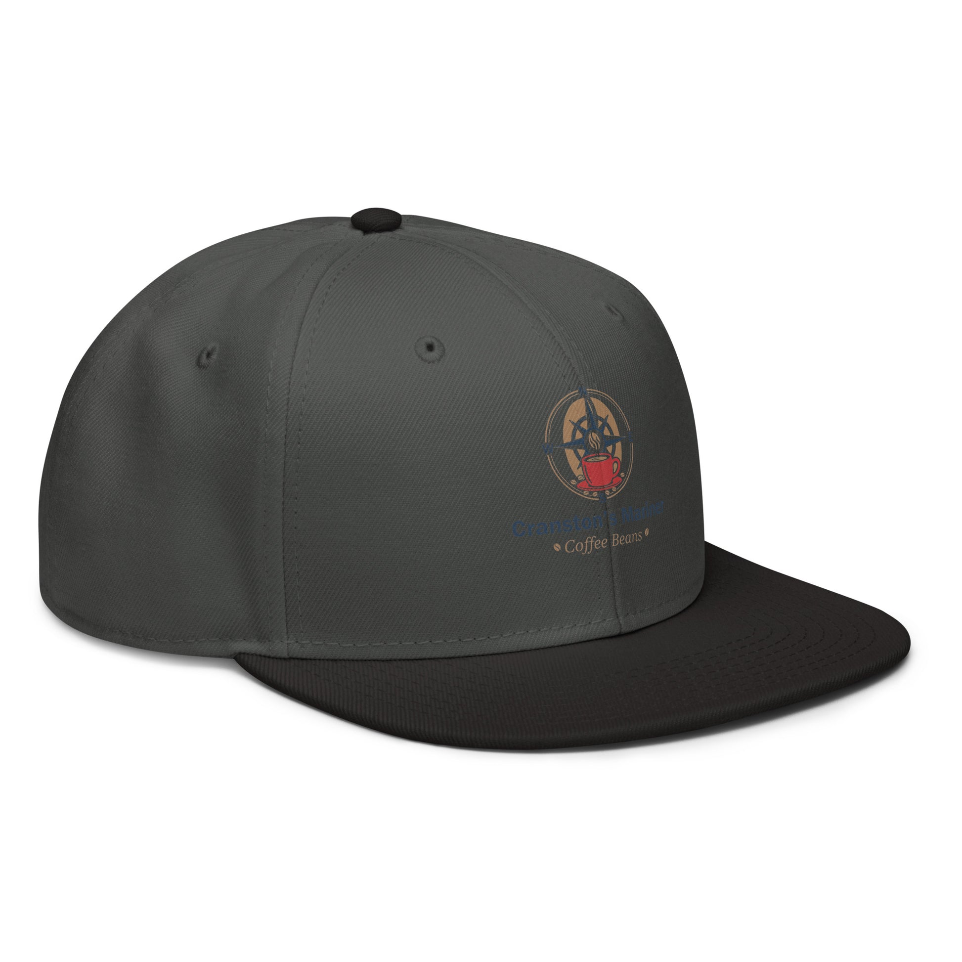 Charcoal snapback hat with front logo patch and curved brim