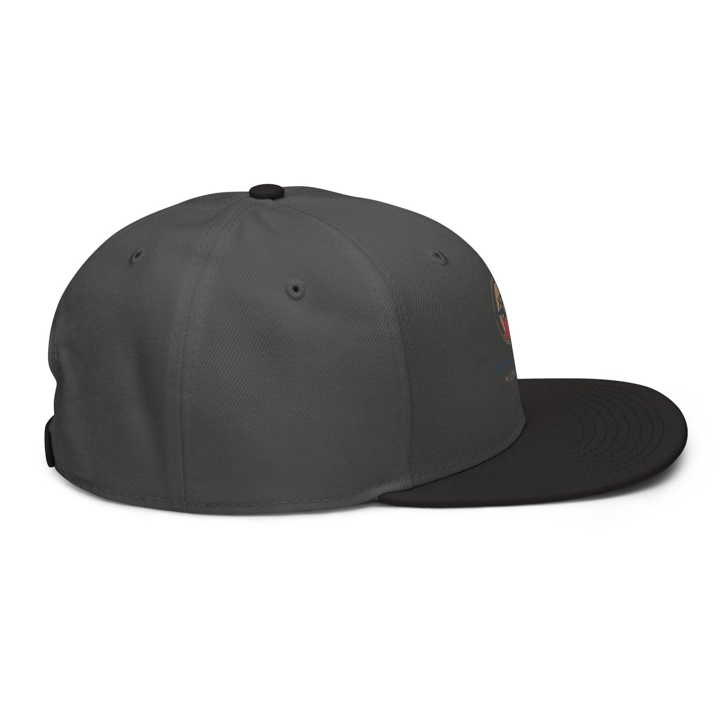 Charcoal snapback hat with curved brim and eyelet vents, closed crown