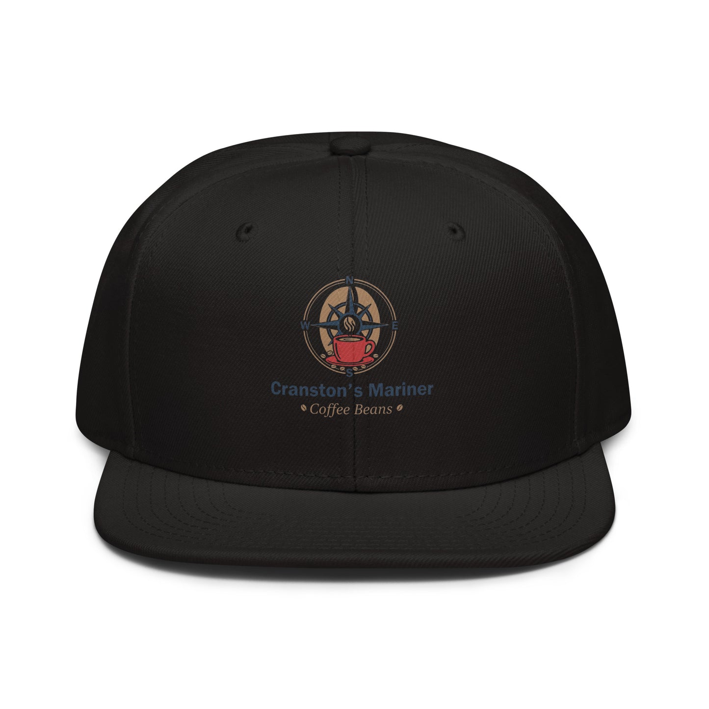 Snapback hat, black crown and brim, front logo patch with “Coffee Beans”.