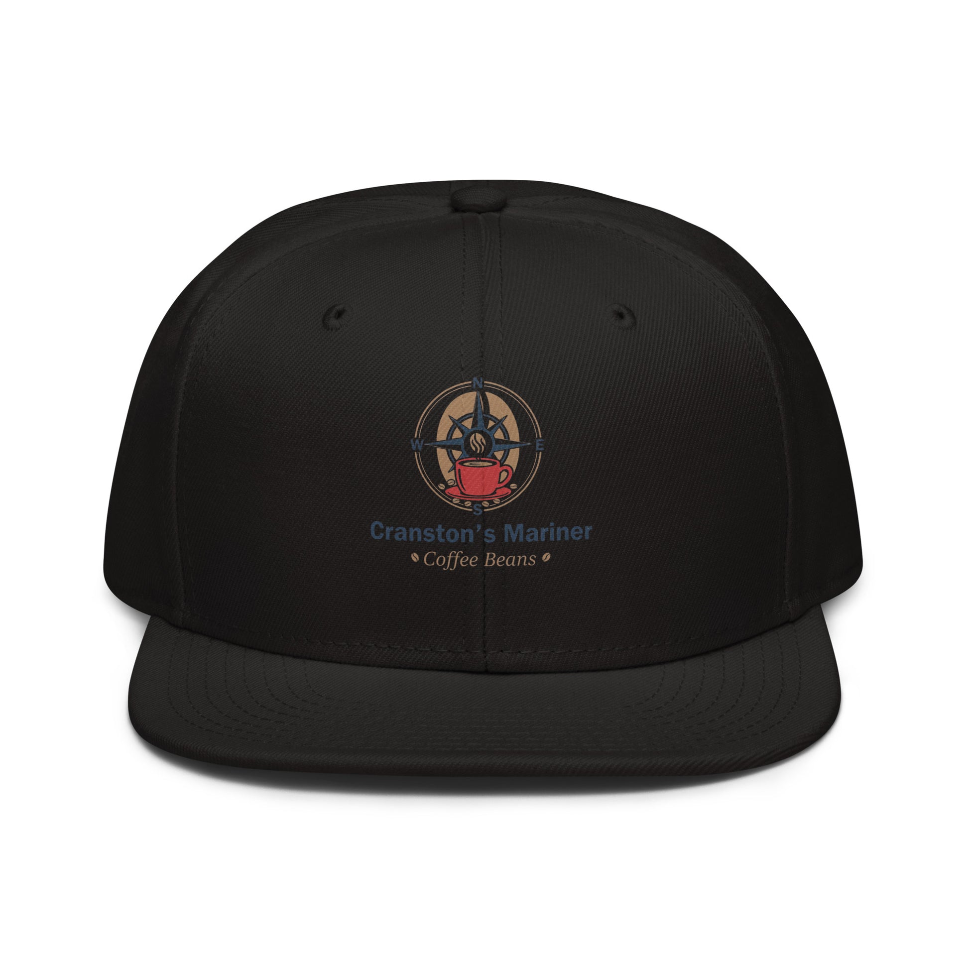 Snapback hat, black crown and brim, front logo patch with “Coffee Beans”.