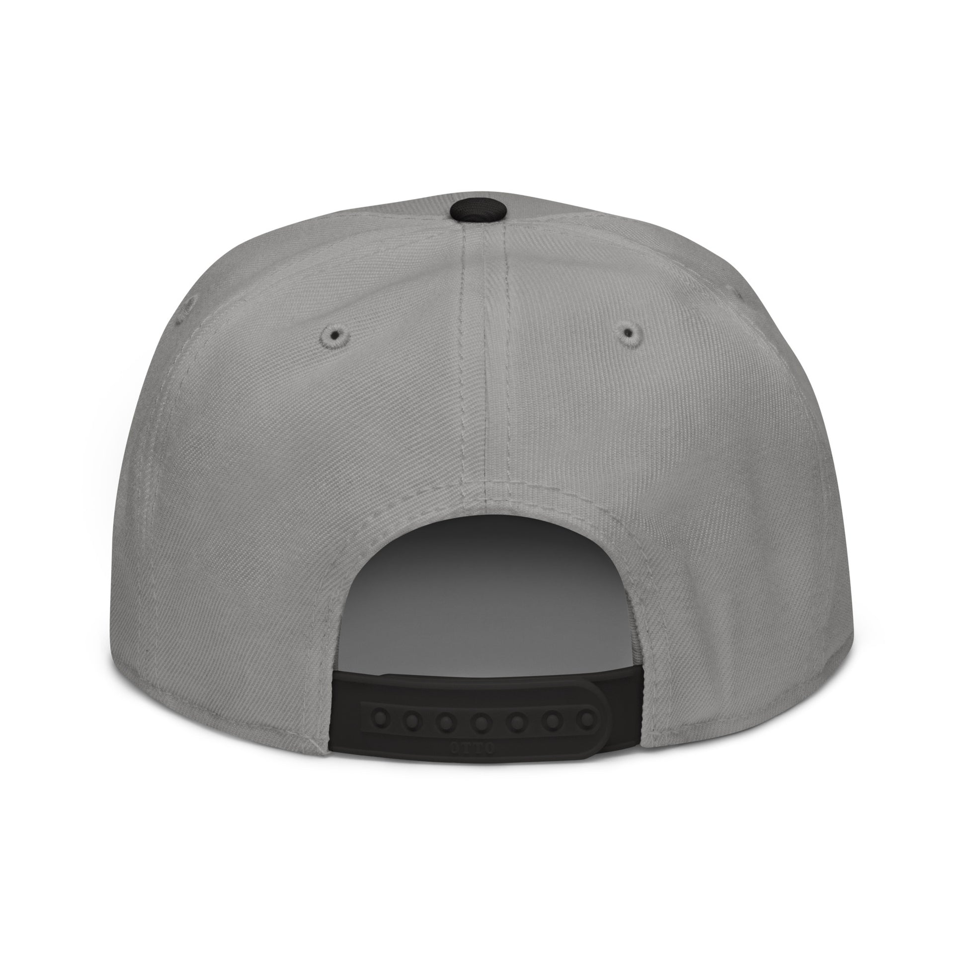 Light gray snapback cap with open back panel and adjustable strap