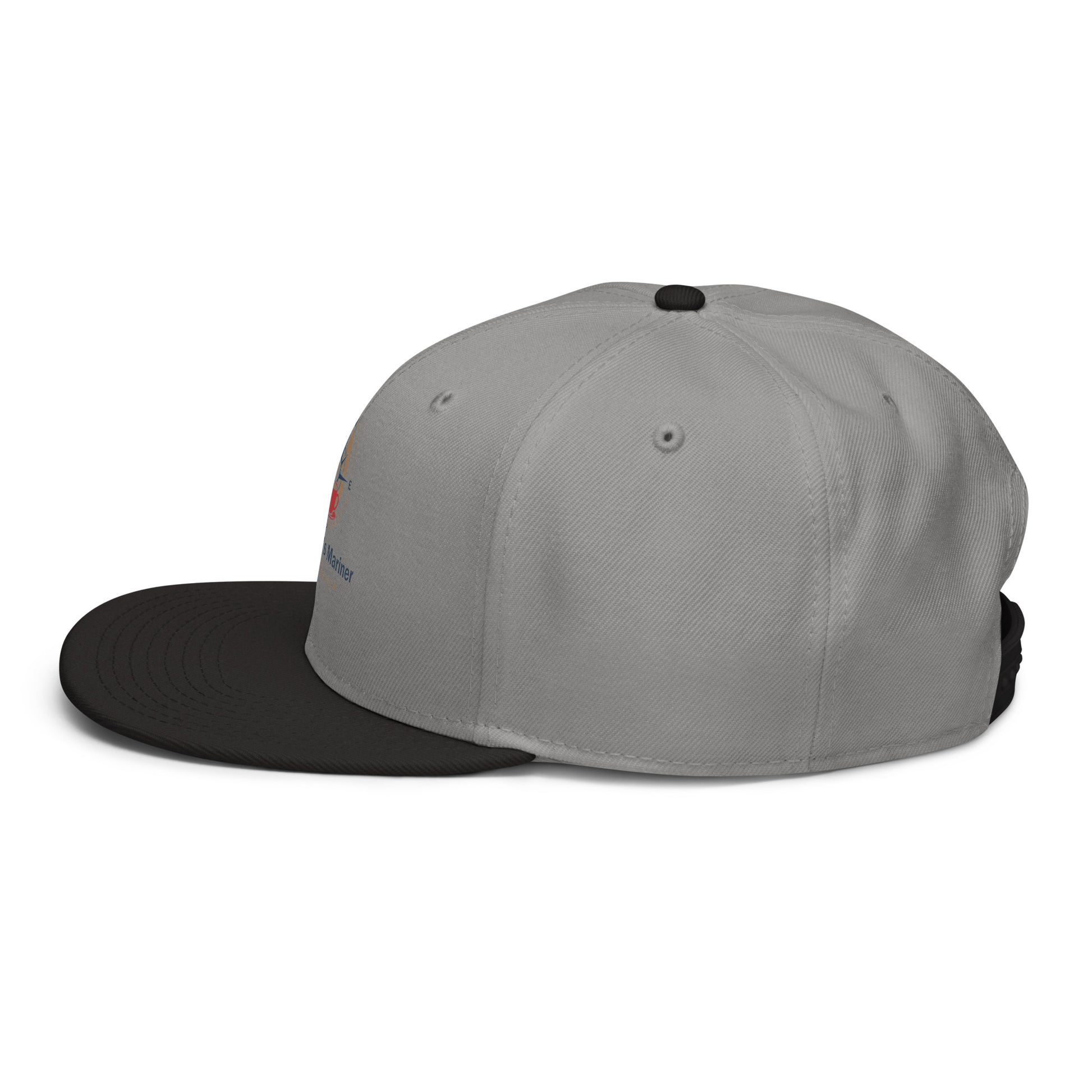 Light gray snapback hat with black brim and mesh front panels