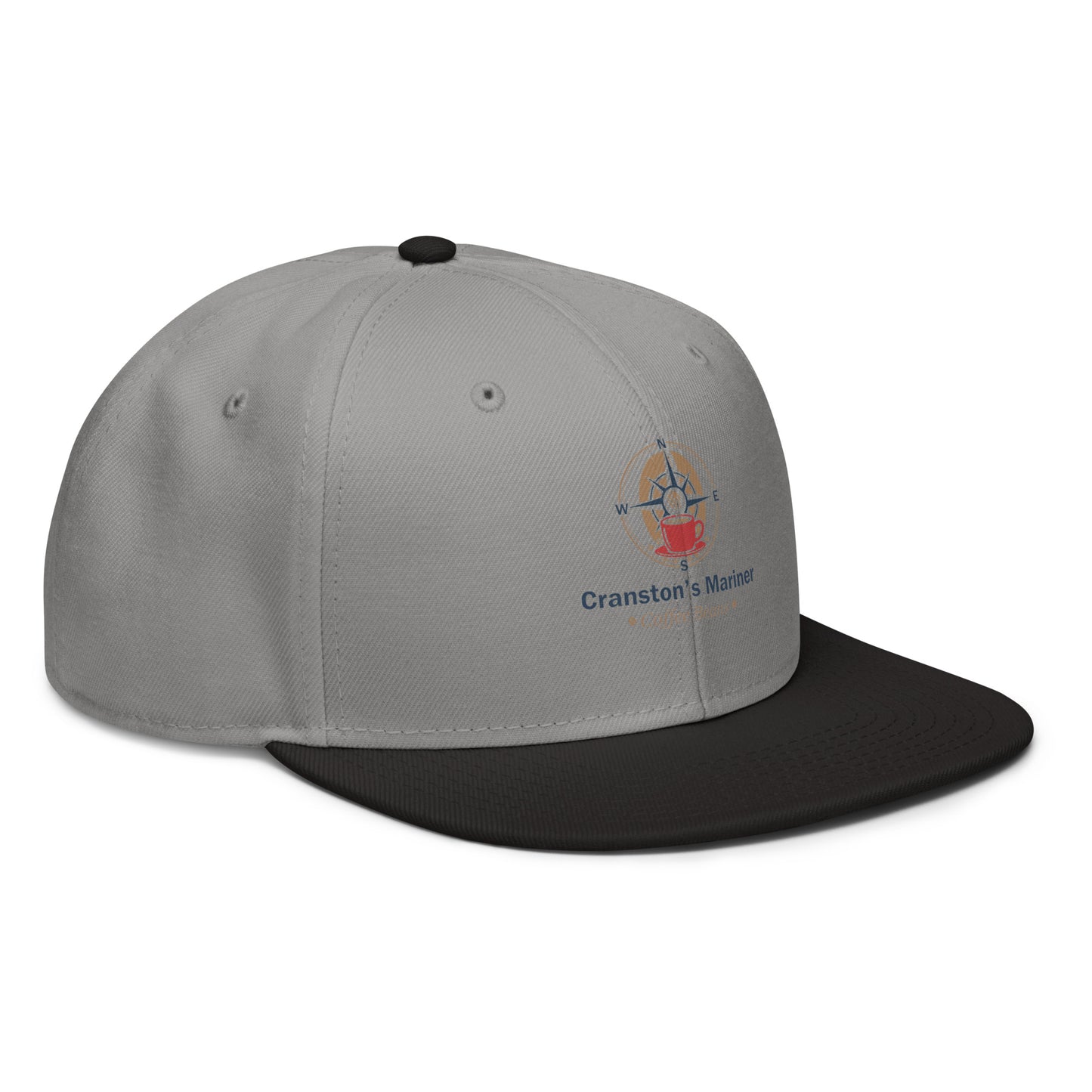 Light gray snapback hat with black brim and front logo patch