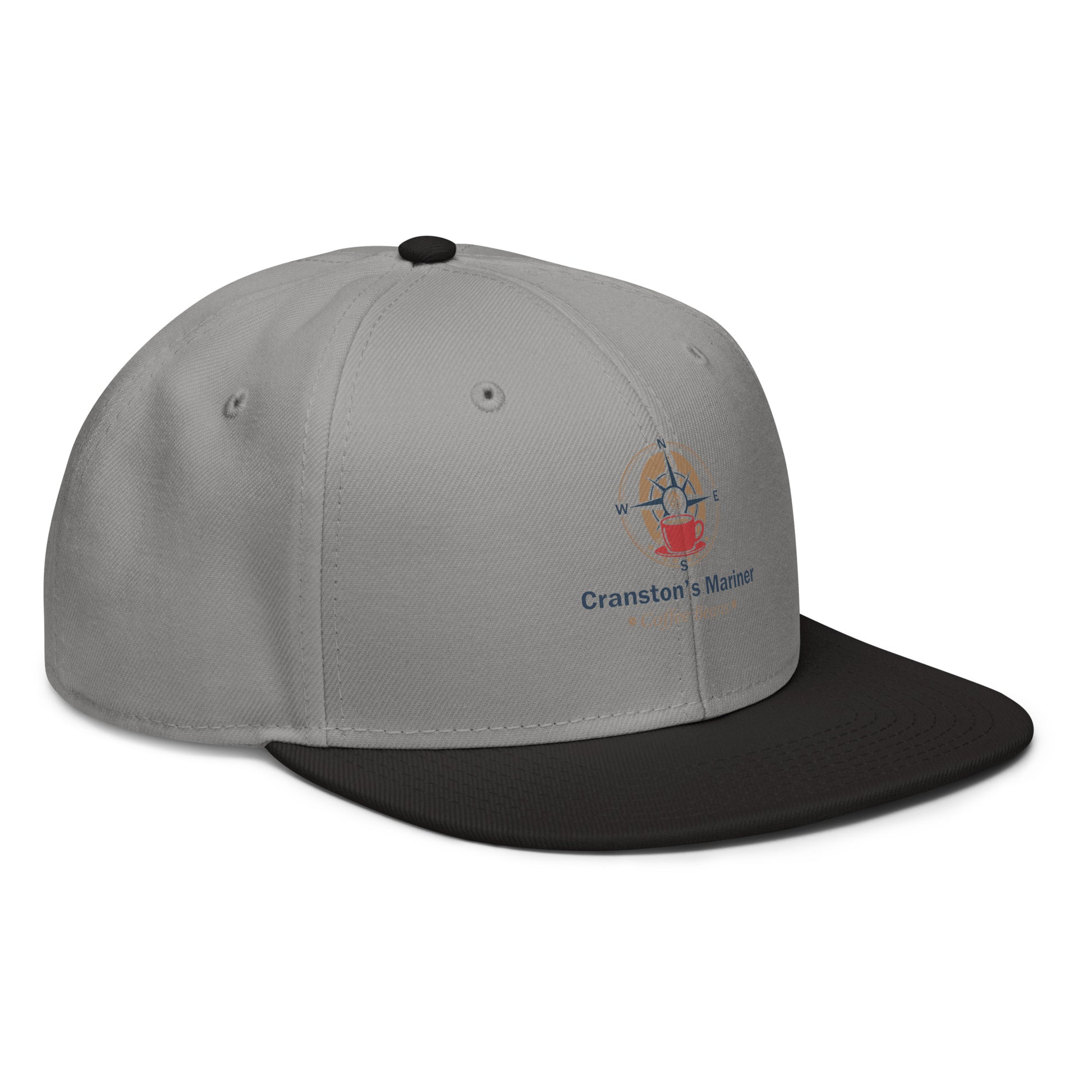 Light gray snapback hat with black brim and front logo patch