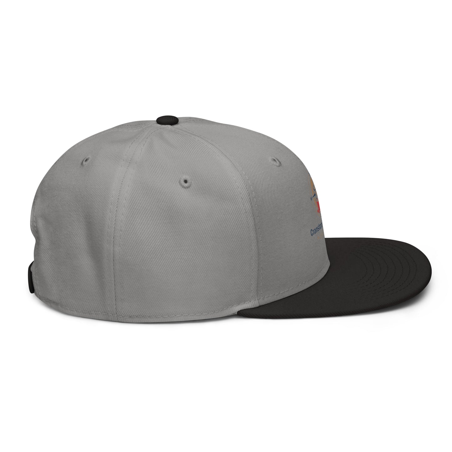 Light gray snapback hat with black brim and side eyelets