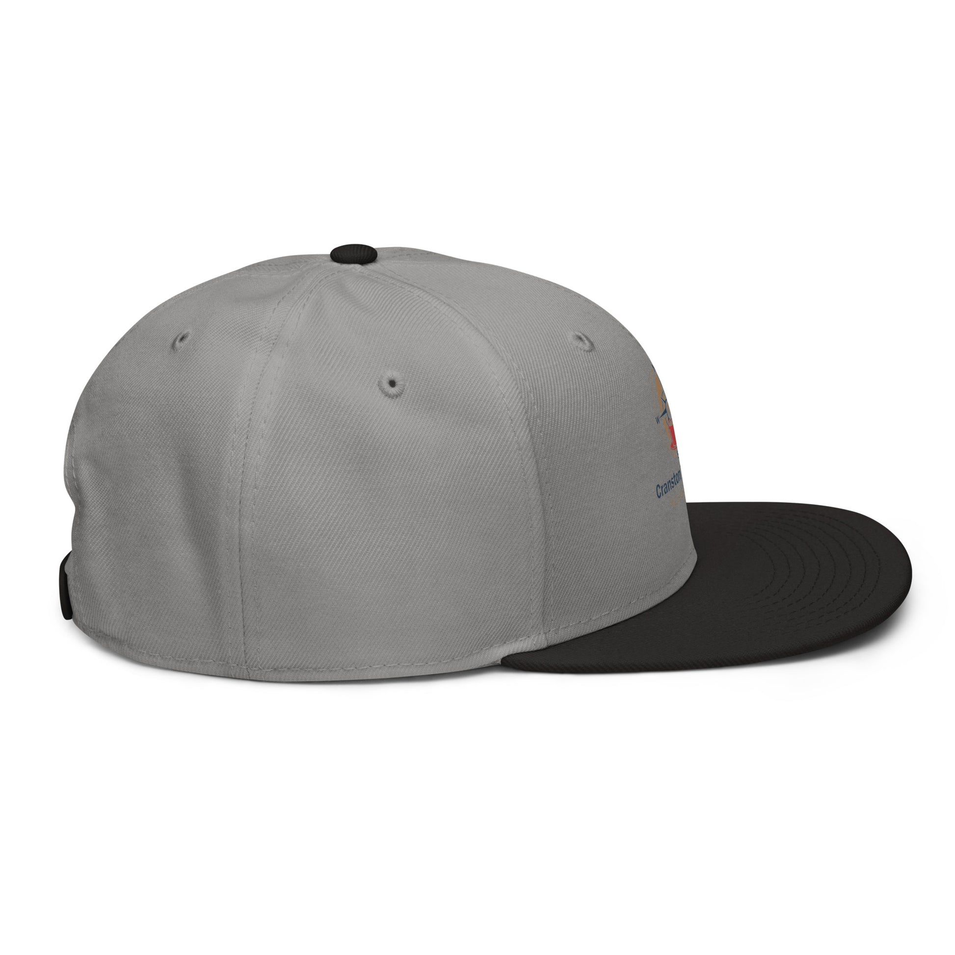 Light gray snapback hat with black brim and side eyelets