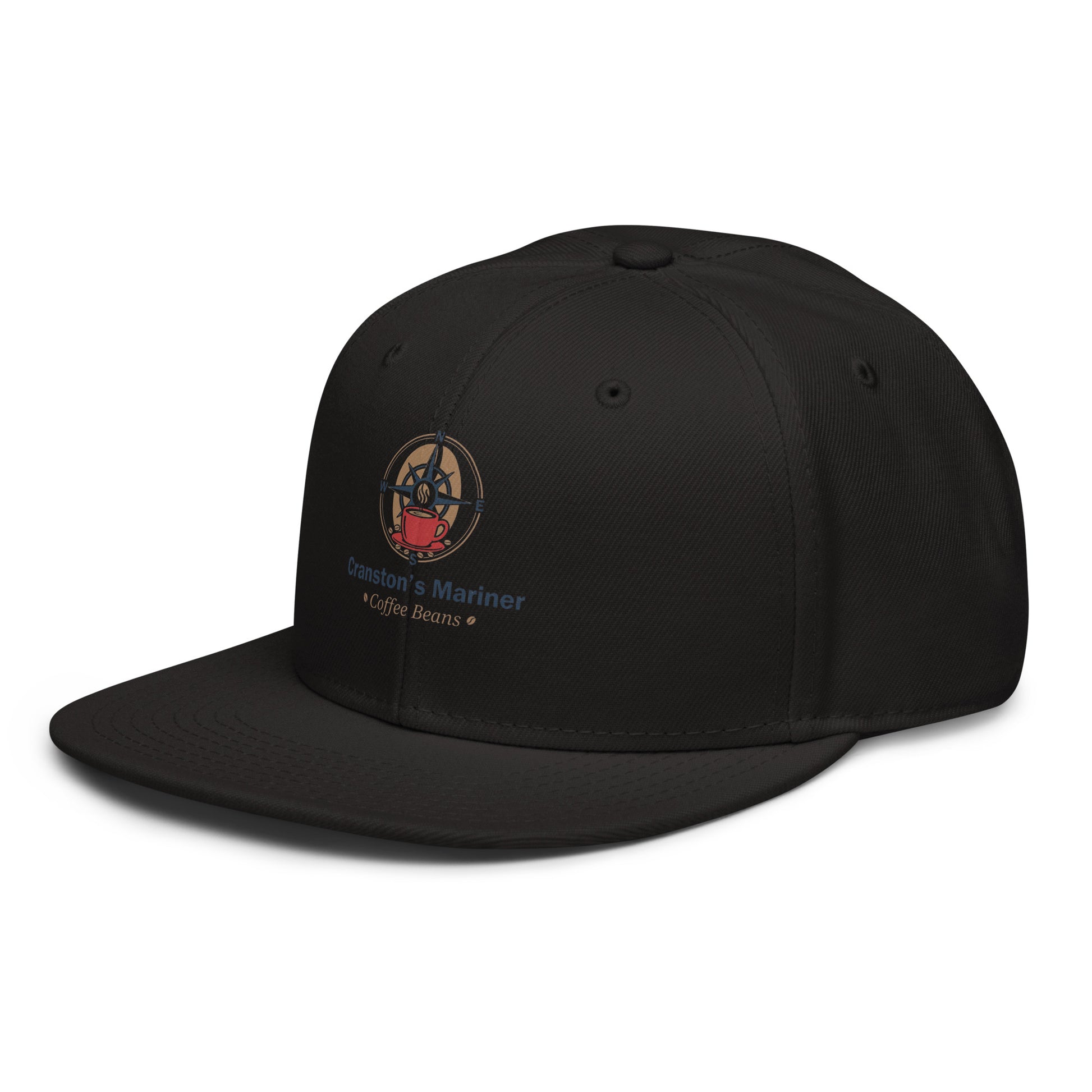 Snapback hat, black crown and brim, side logo patch with “Coffee Beans”.