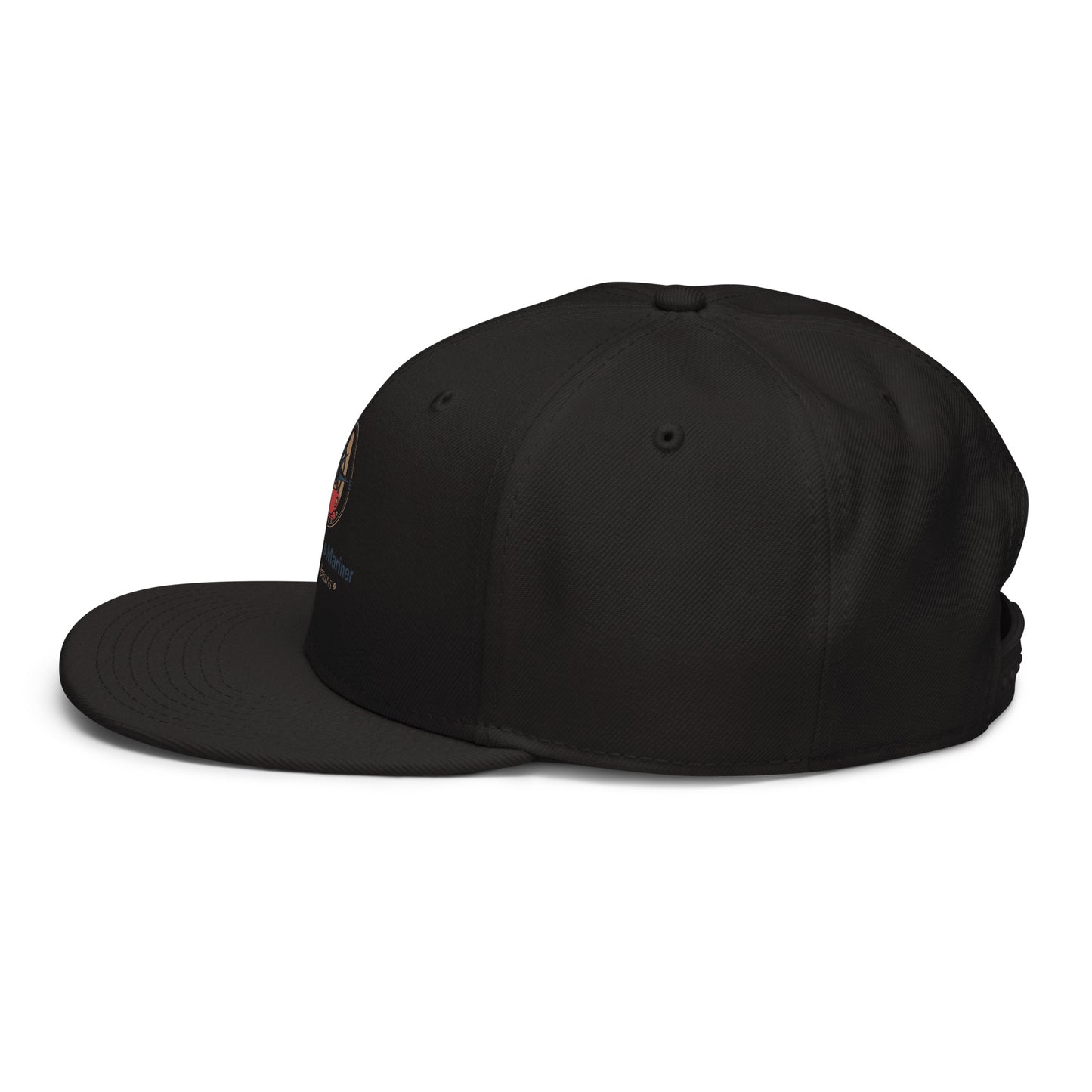 Snapback hat, black with small side embroidery detail, curved brim visible.