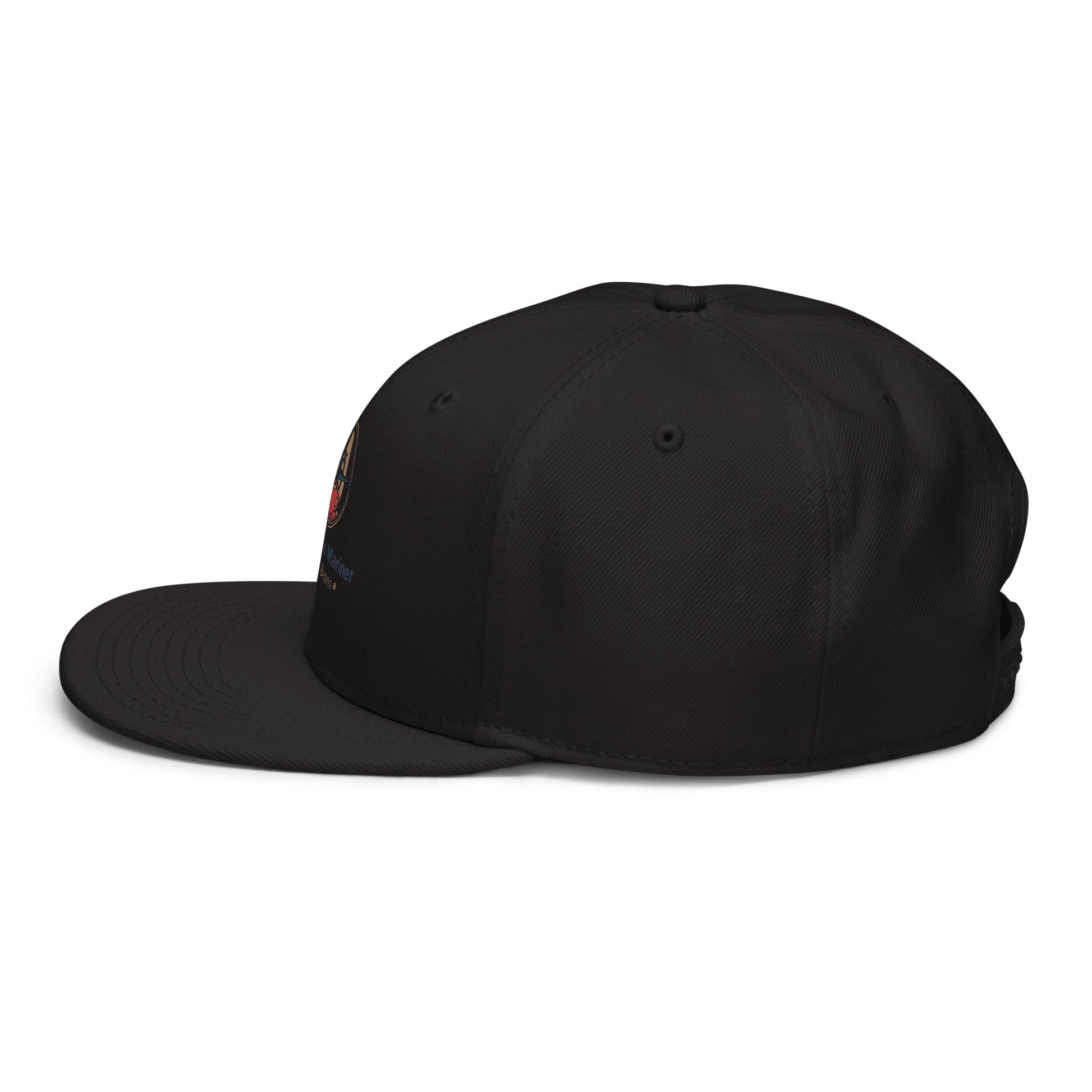 Snapback hat, black with small side embroidery detail, curved brim visible.