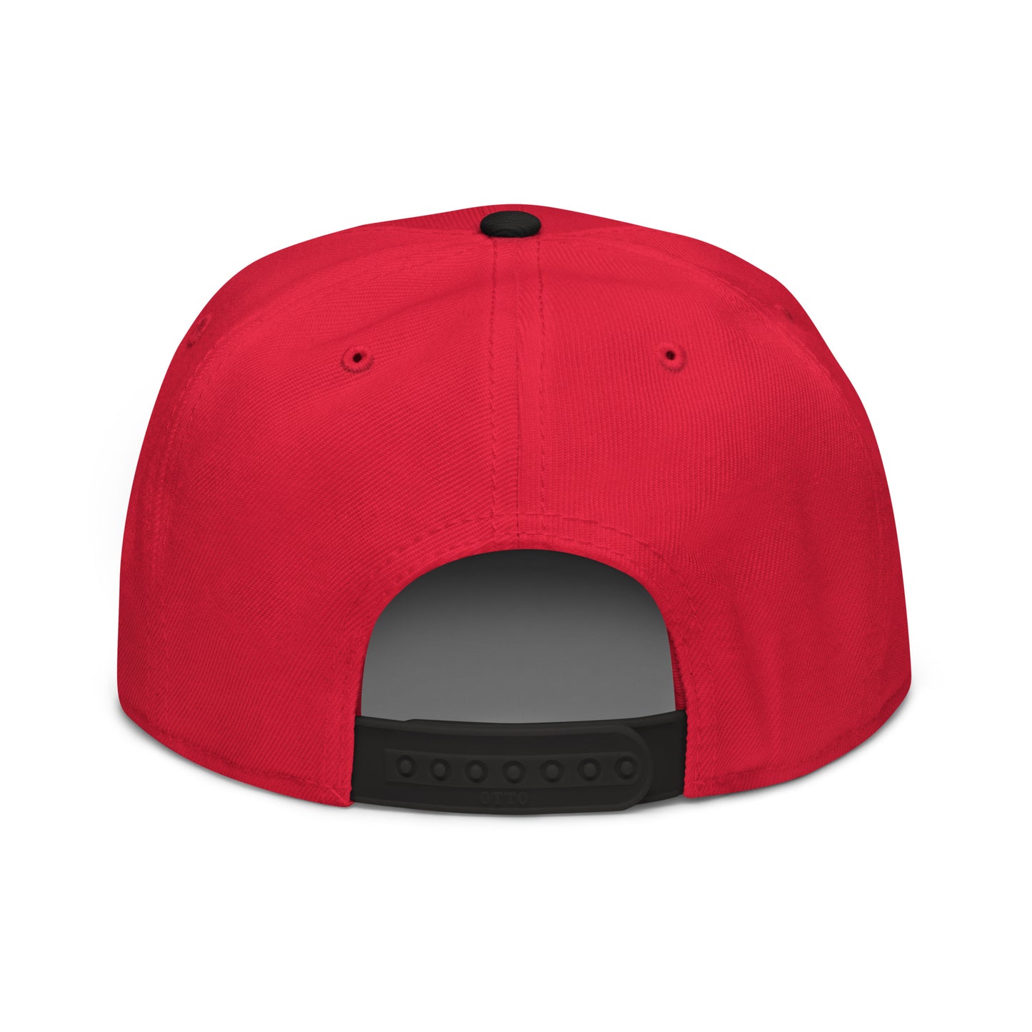 Snapback hat with red crown and black underside brim, vented panel and eyelets