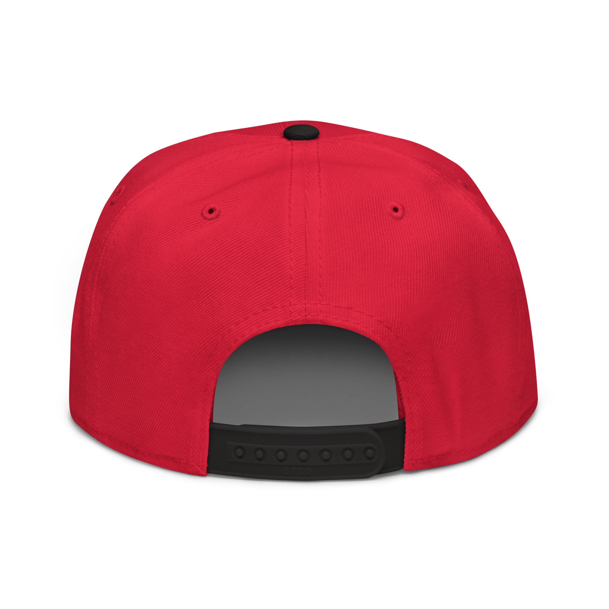 Snapback hat with red crown and black underside brim, vented panel and eyelets