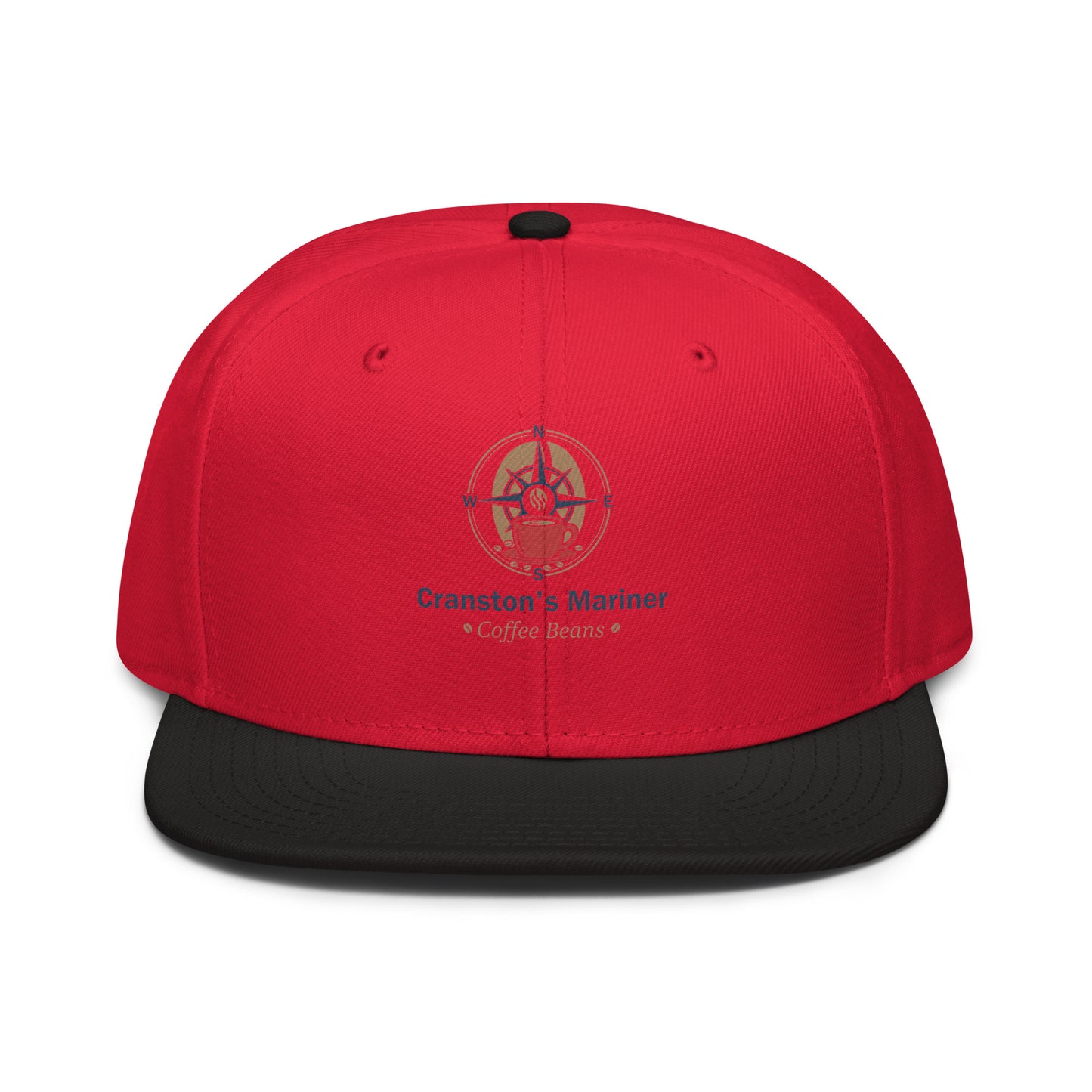 Snapback hat with red crown and black brim, front emblem and text "Cranston's Mariner"