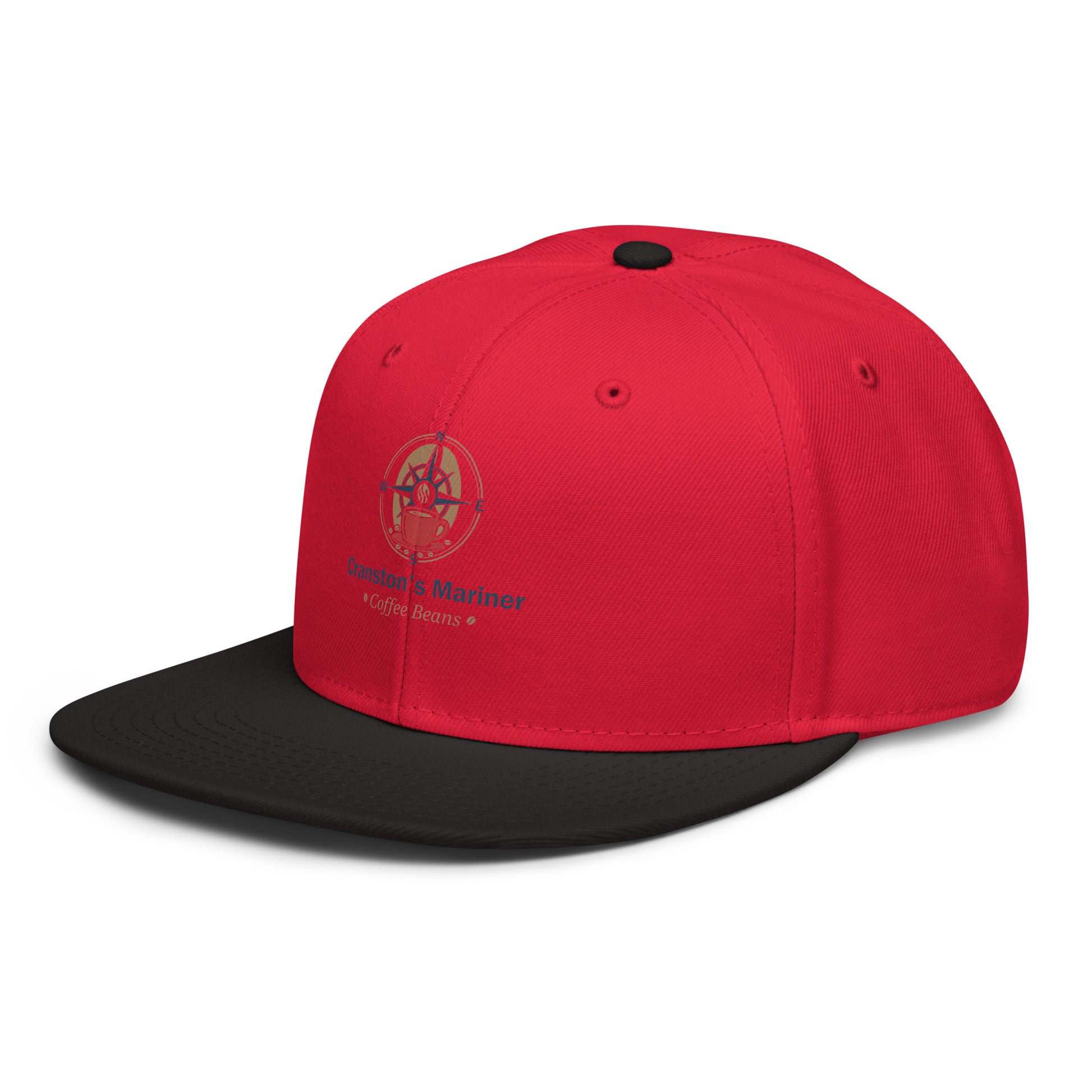 Snapback hat with red crown and black brim, front emblem and "Cranston's Mariner" text