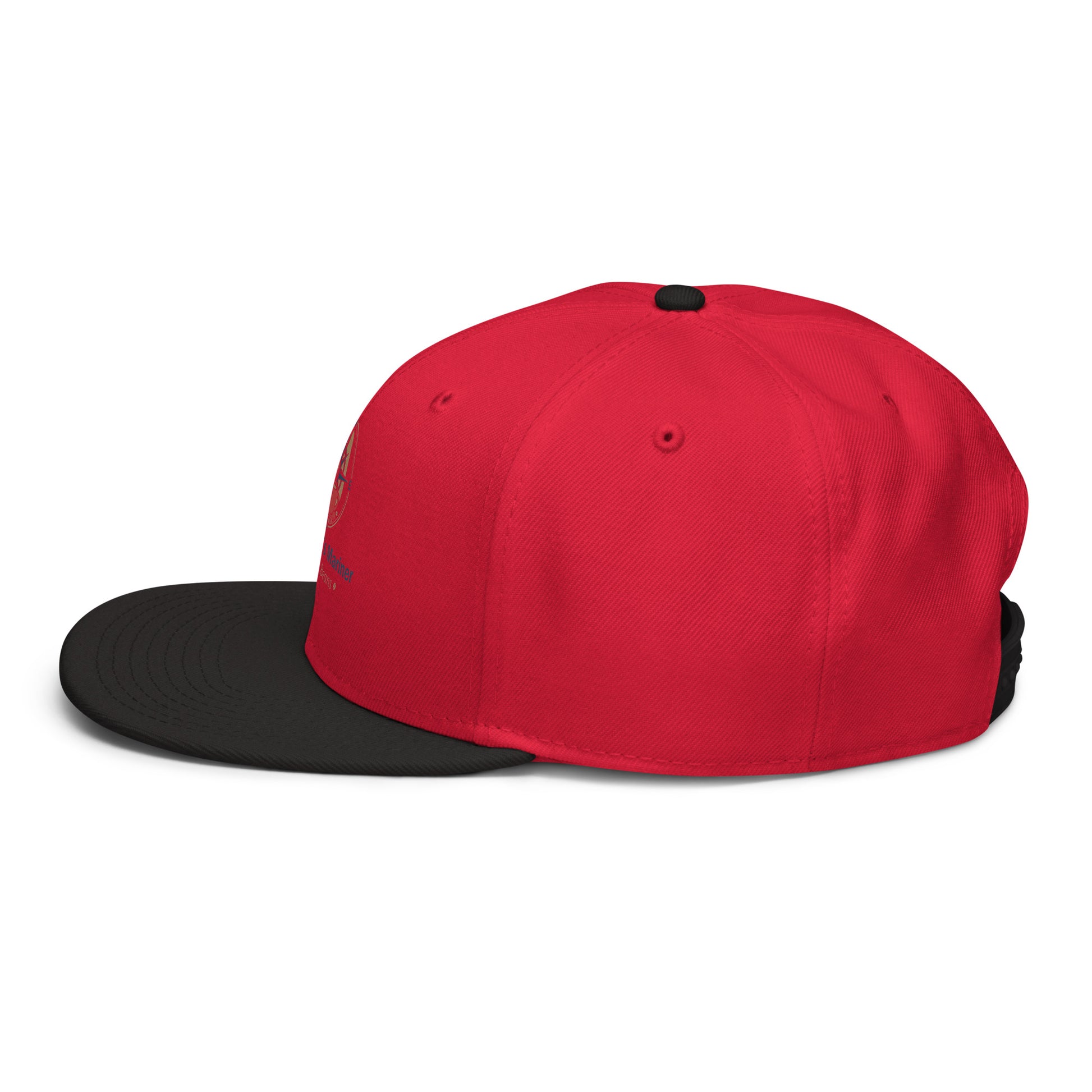 Snapback hat with red crown and black brim, curved brim and top button