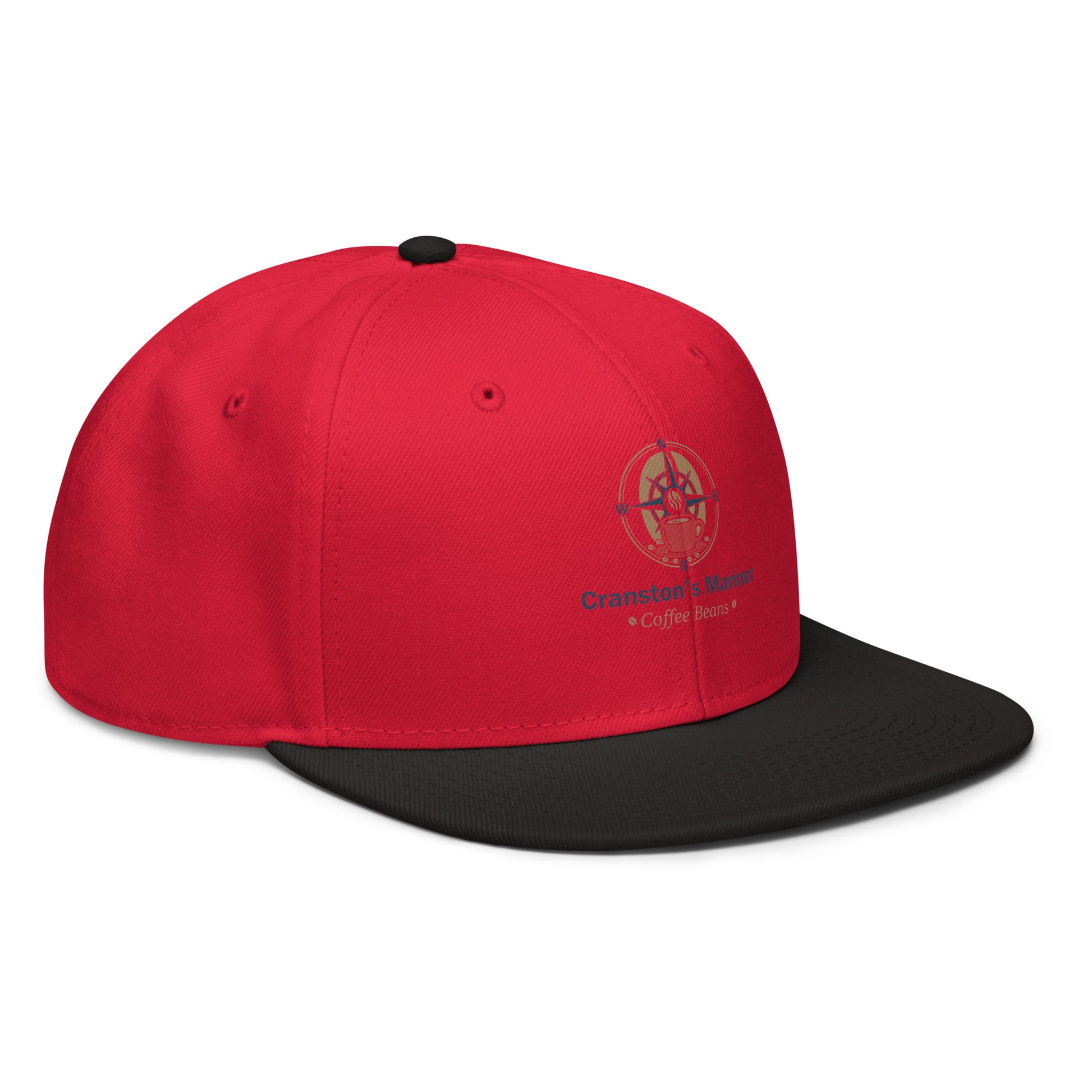 Two-tone snapback hat with red crown and black brim, front emblem and "Cranston's Mariner"