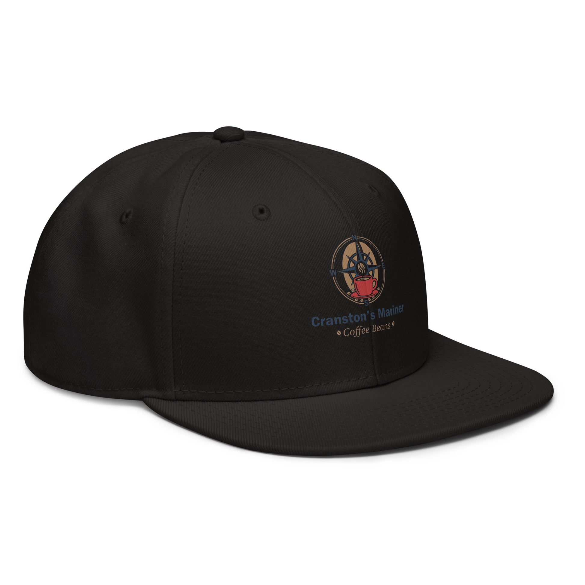 Snapback hat, black with side logo patch and curved brim.