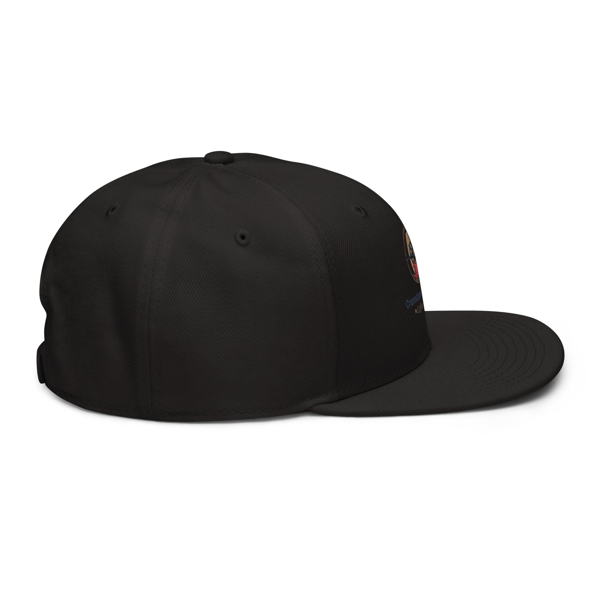 Snapback hat, black crown with small side embroidery detail and curved brim.