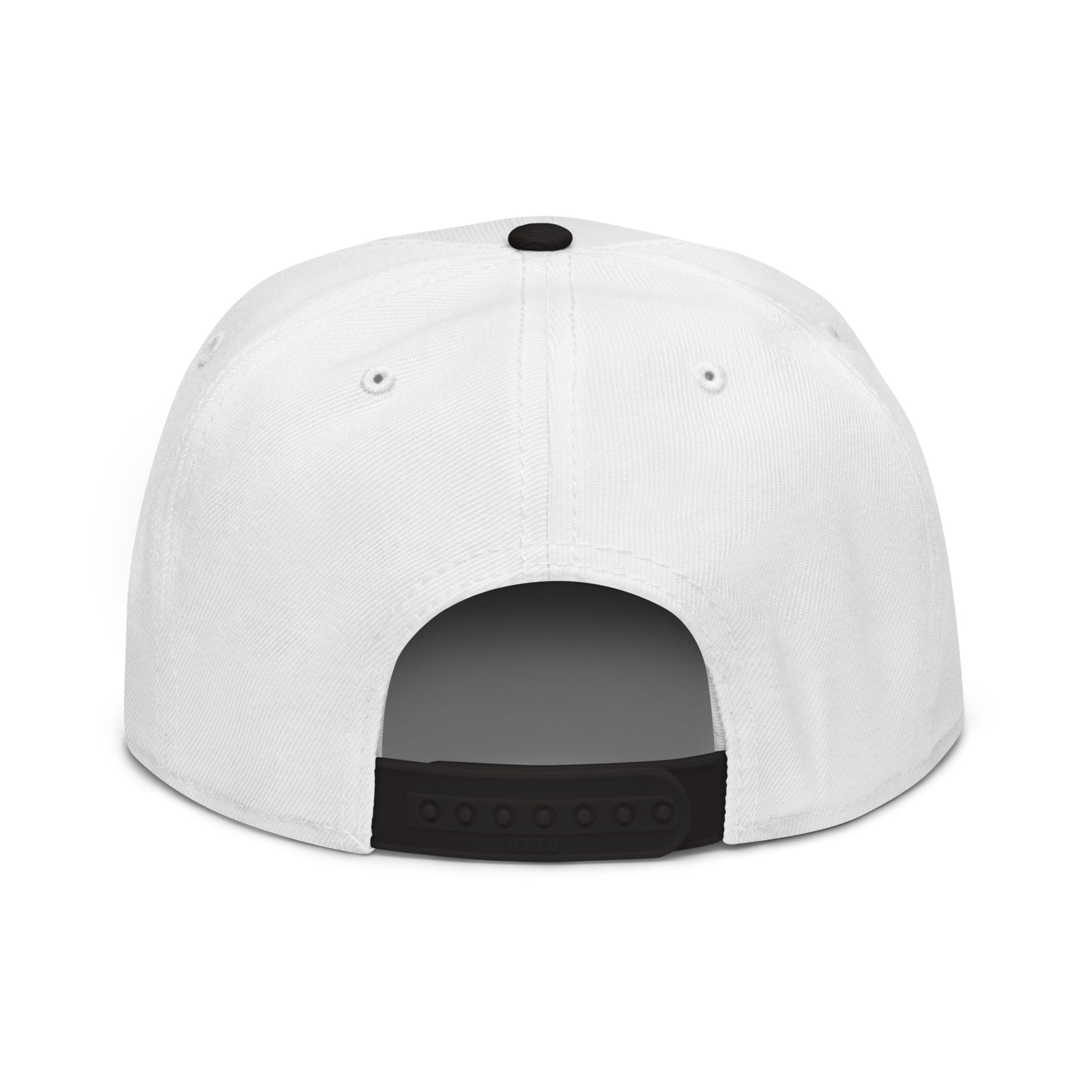 White snapback hat with black underside brim and adjustable back strap