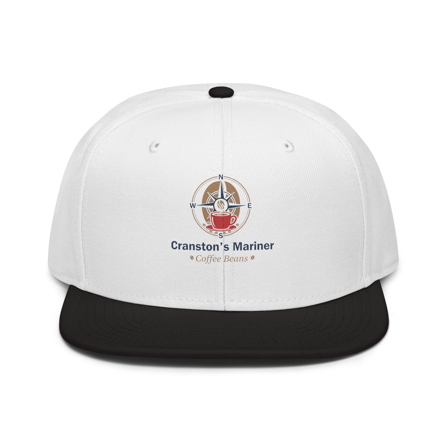Snapback hat, white crown and black brim, front logo patch with “Coffee Beans”.