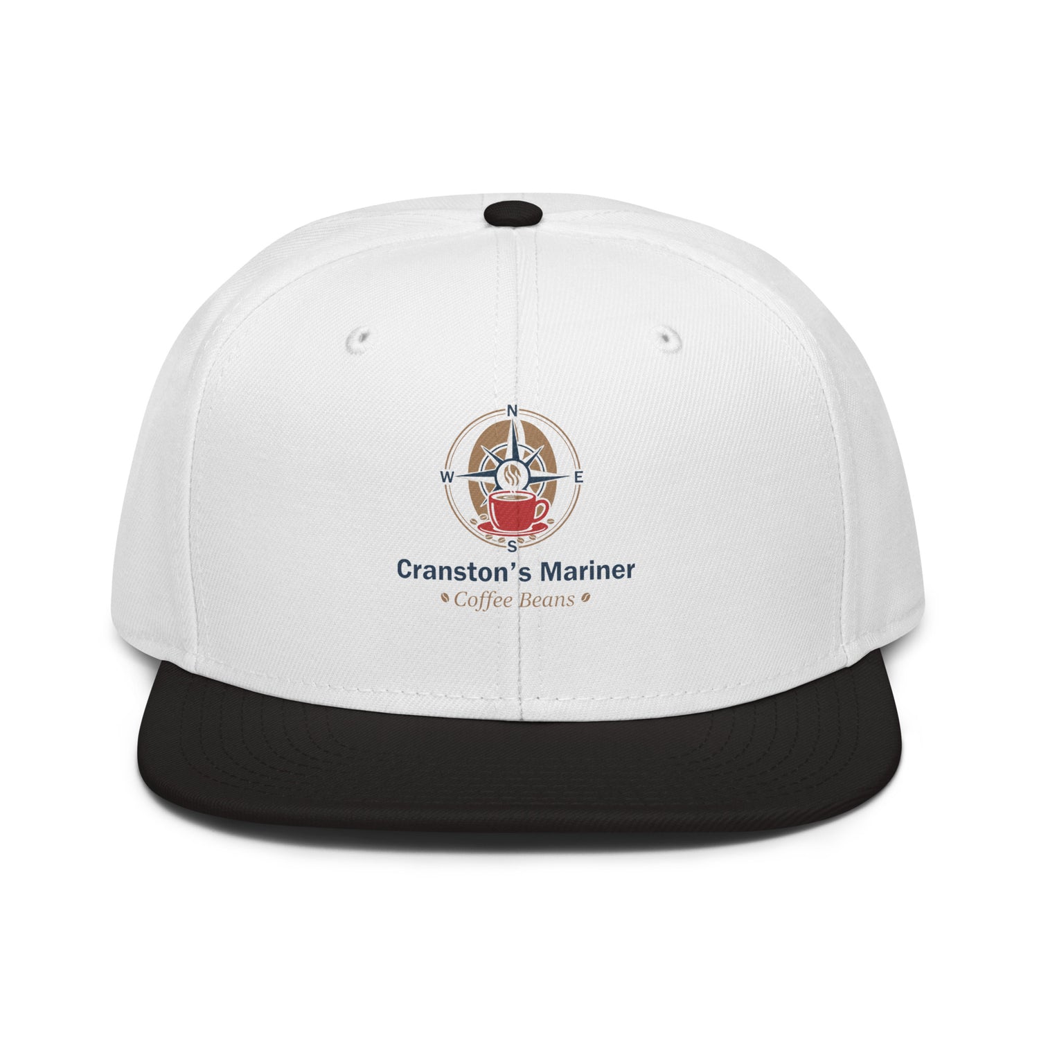 Snapback hat, white crown and black brim, front logo patch with “Coffee Beans”.