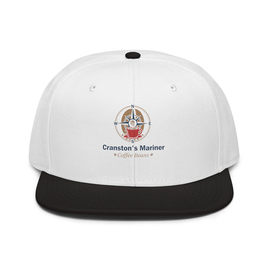 Snapback hat, white crown and black brim, front logo patch with “Coffee Beans”.