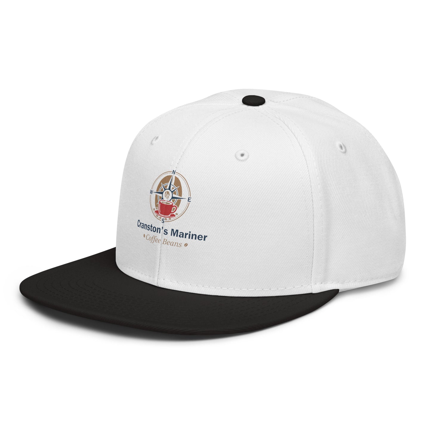 White snapback hat with black brim and Cranston's Mariner logo