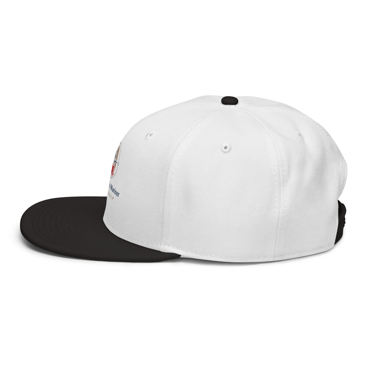 White snapback hat with black brim and side vent eyelets