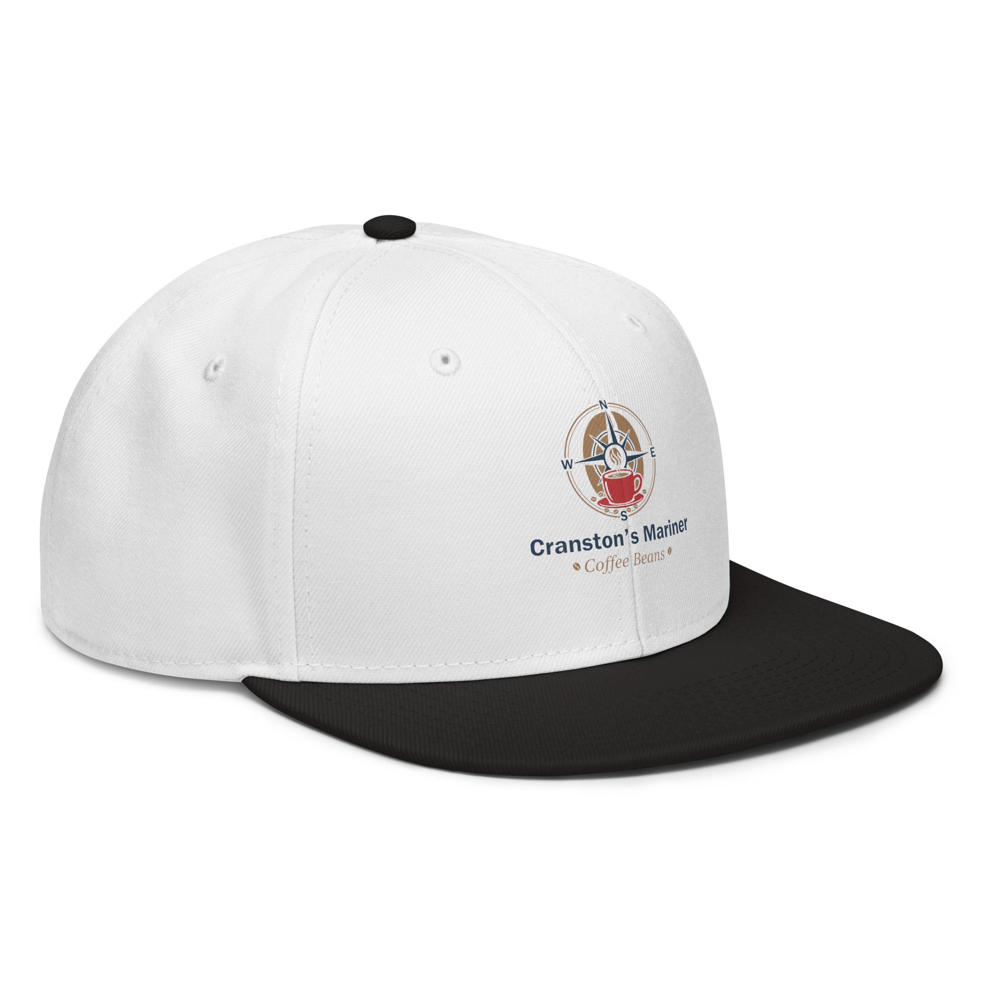 White snapback hat with black brim and Cranston's Mariner logo at front