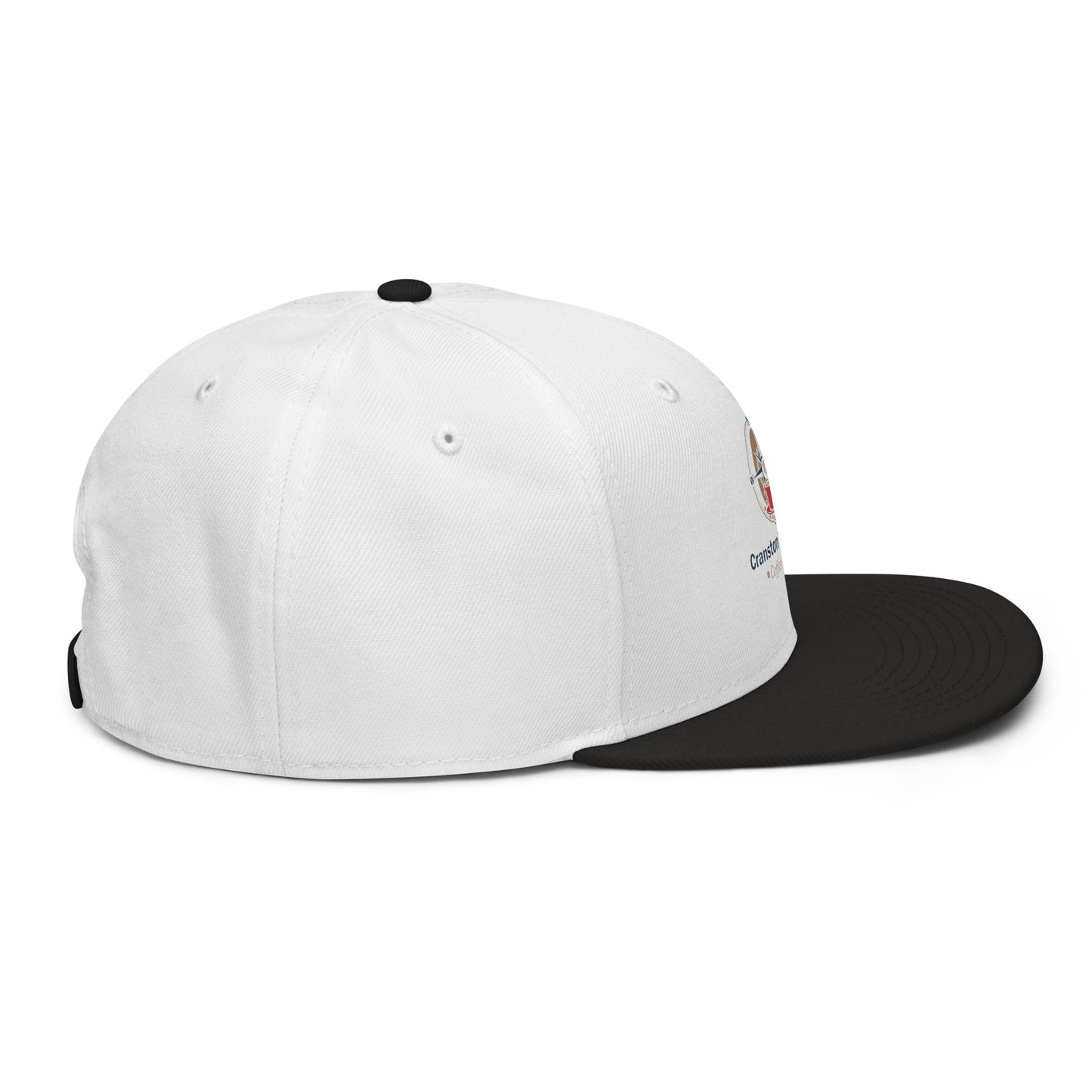 White snapback hat with black brim and small side graphic detail