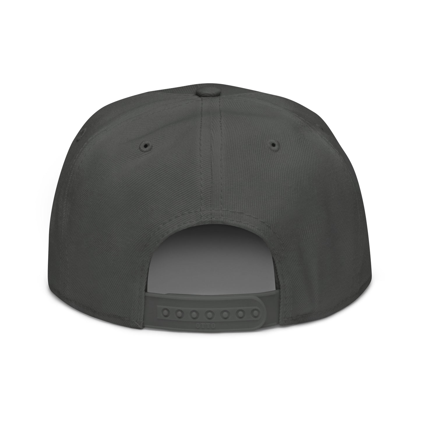 Charcoal snapback cap with open back panel and adjustable strap