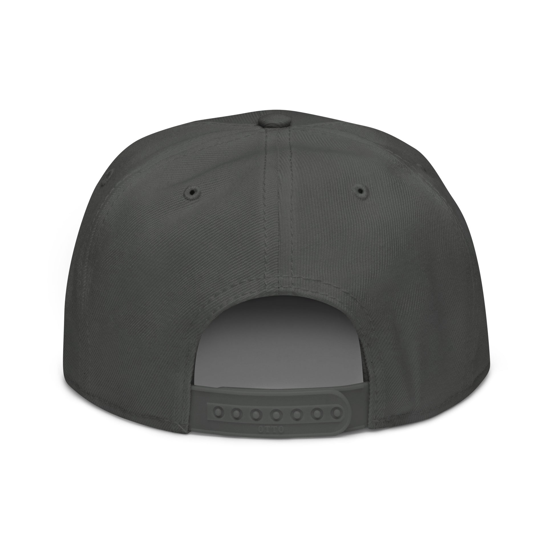 Charcoal snapback cap with open back panel and adjustable strap