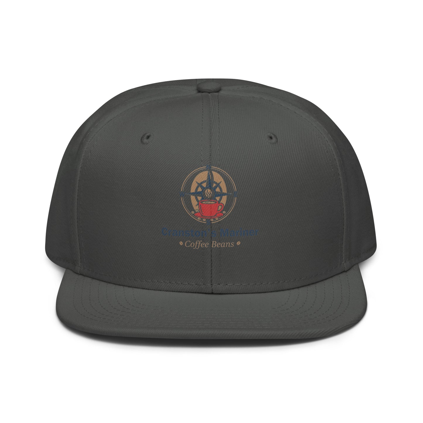 Charcoal snapback hat with front logo patch and curved brim