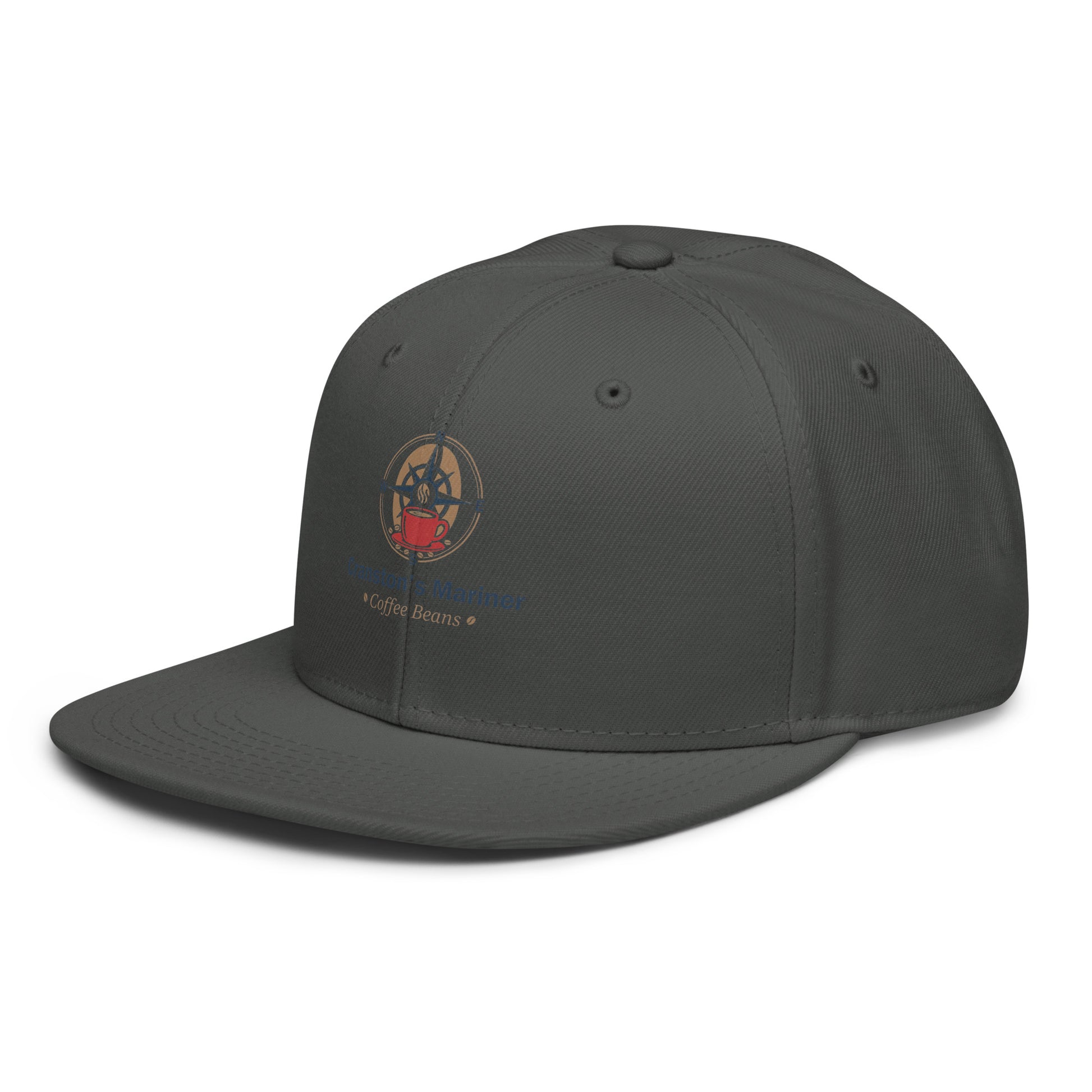 Charcoal snapback hat with side logo patch and curved brim