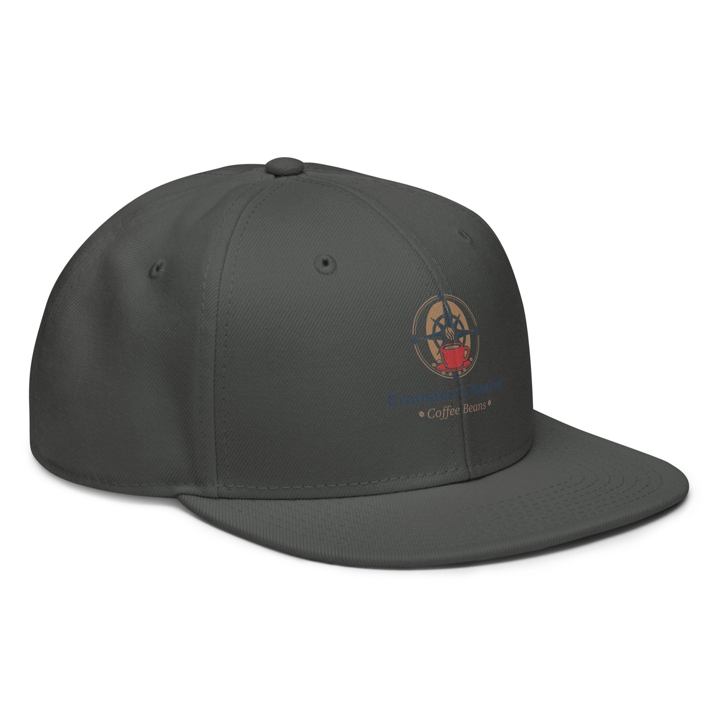 Charcoal snapback hat with side compass logo and curved brim
