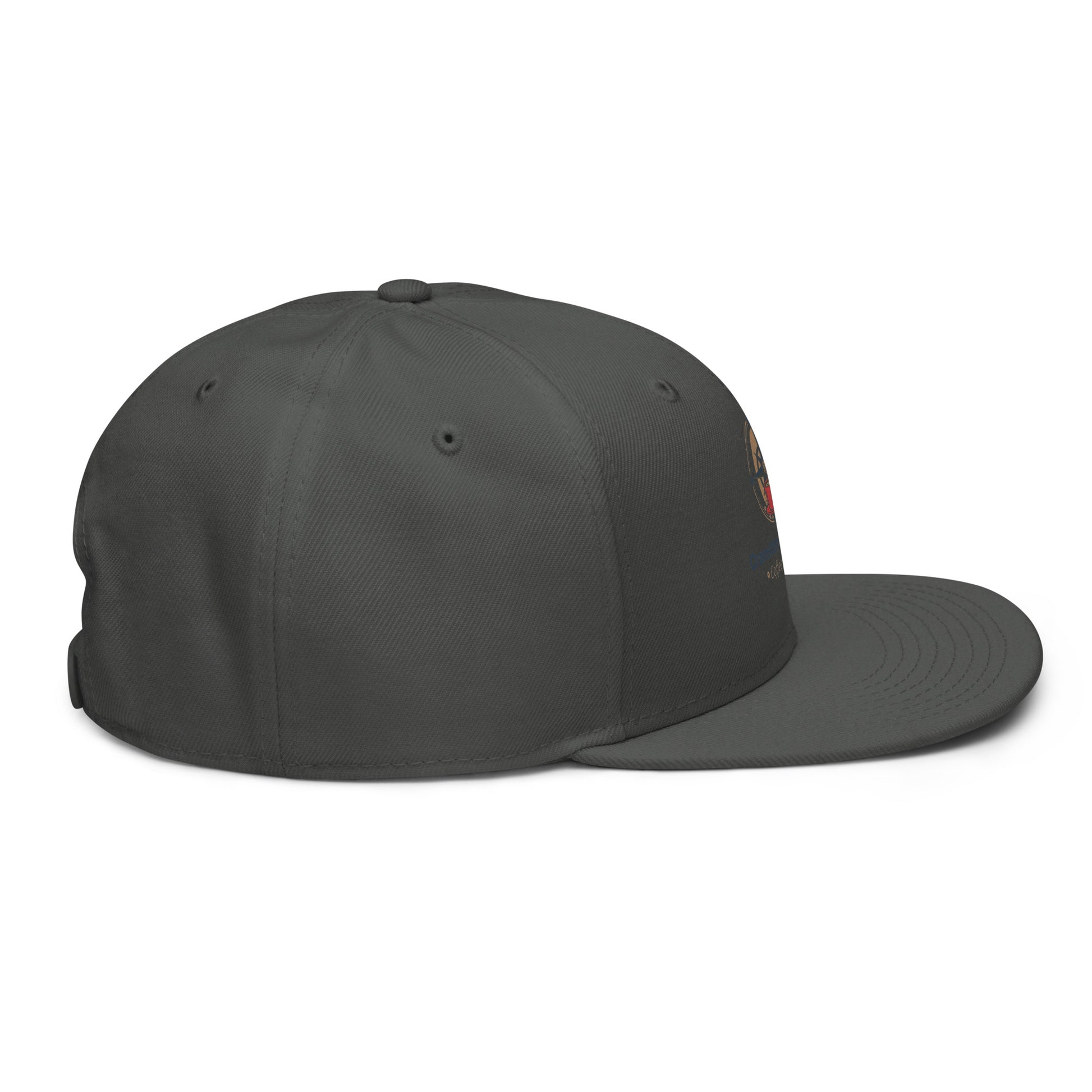 Charcoal snapback hat angled view, curved brim and eyelet vents