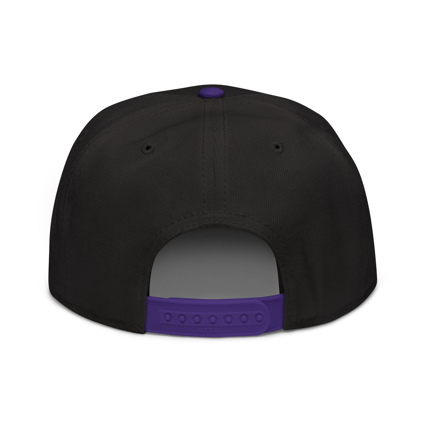 Snapback hat, black crown with purple back strap, adjustable snapback detail visible.