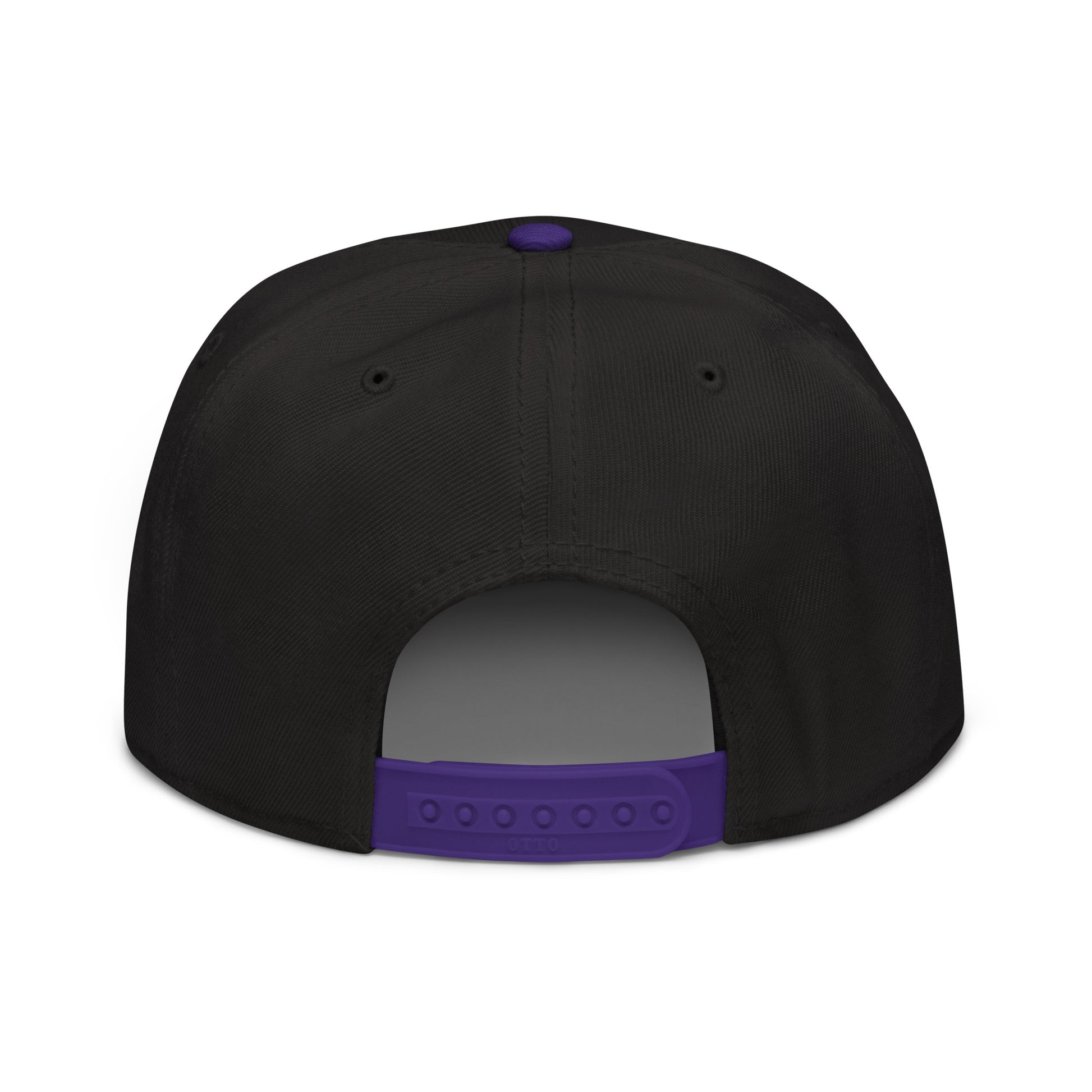 Snapback hat, black crown with purple back strap, adjustable snapback detail visible.