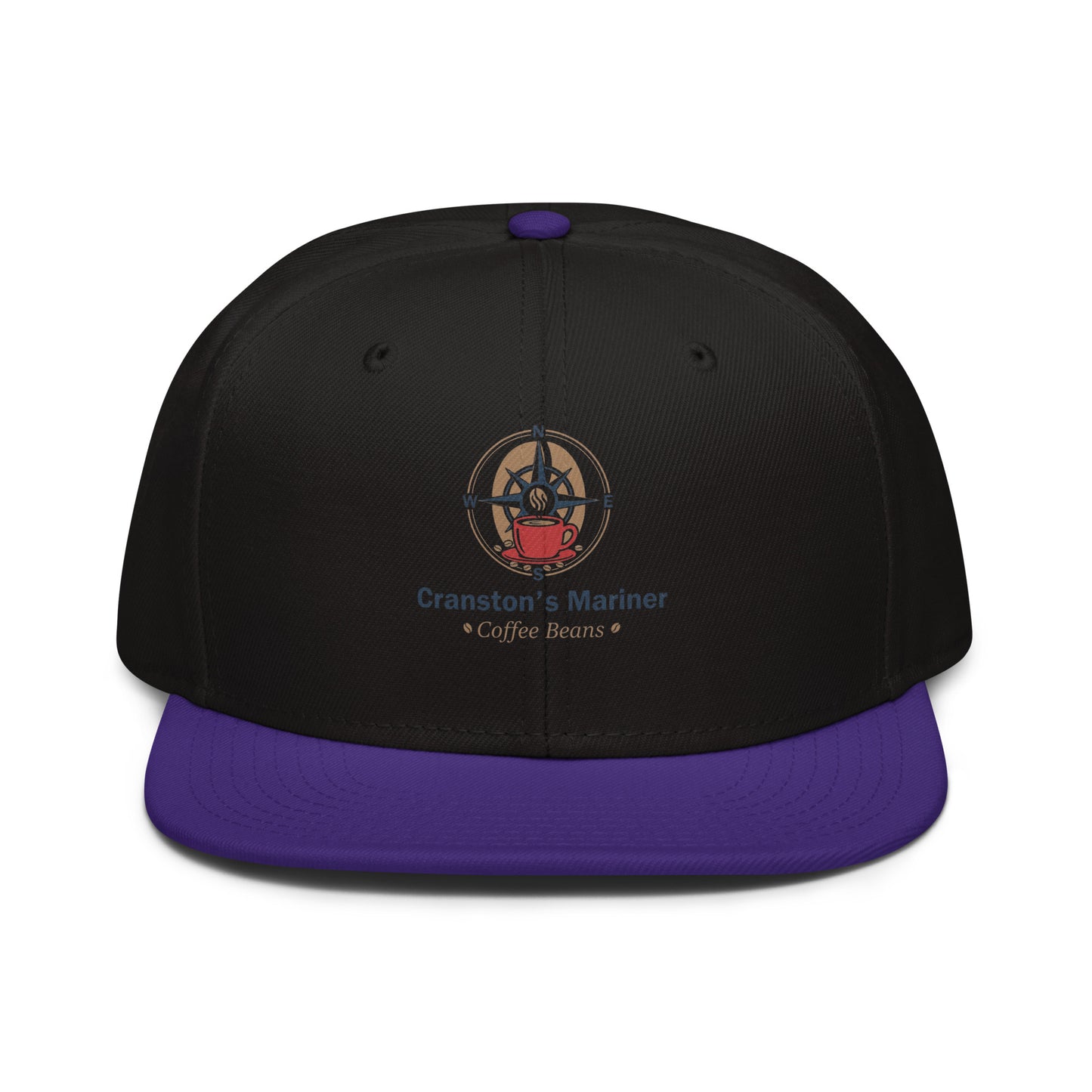 Snapback hat, black crown with purple brim and purple top button, front logo patch.