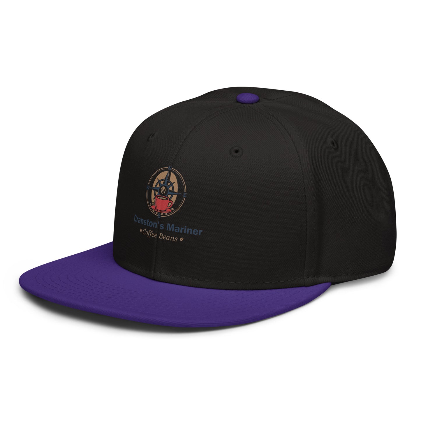 Snapback hat, black crown with purple brim, side logo patch with “Coffee Beans”.