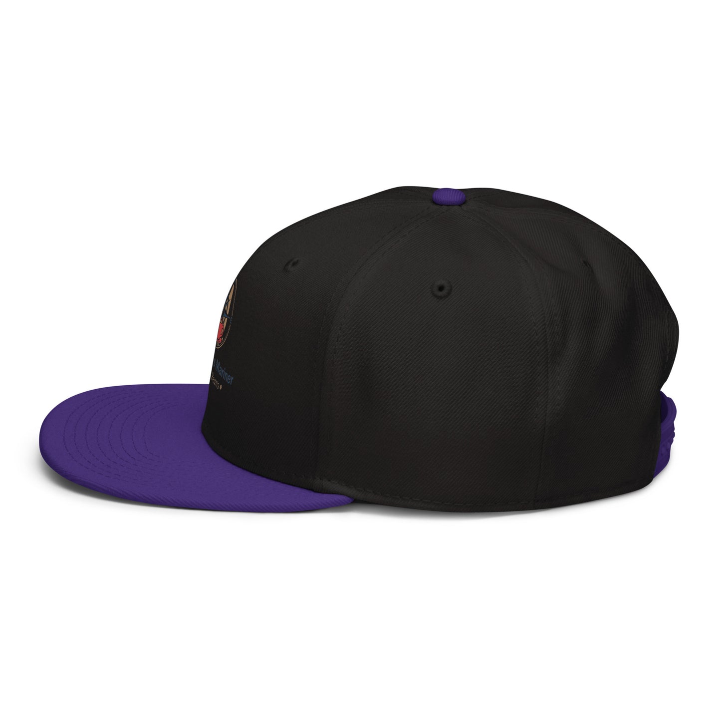 Two-tone snapback hat with black crown and purple brim, purple top button