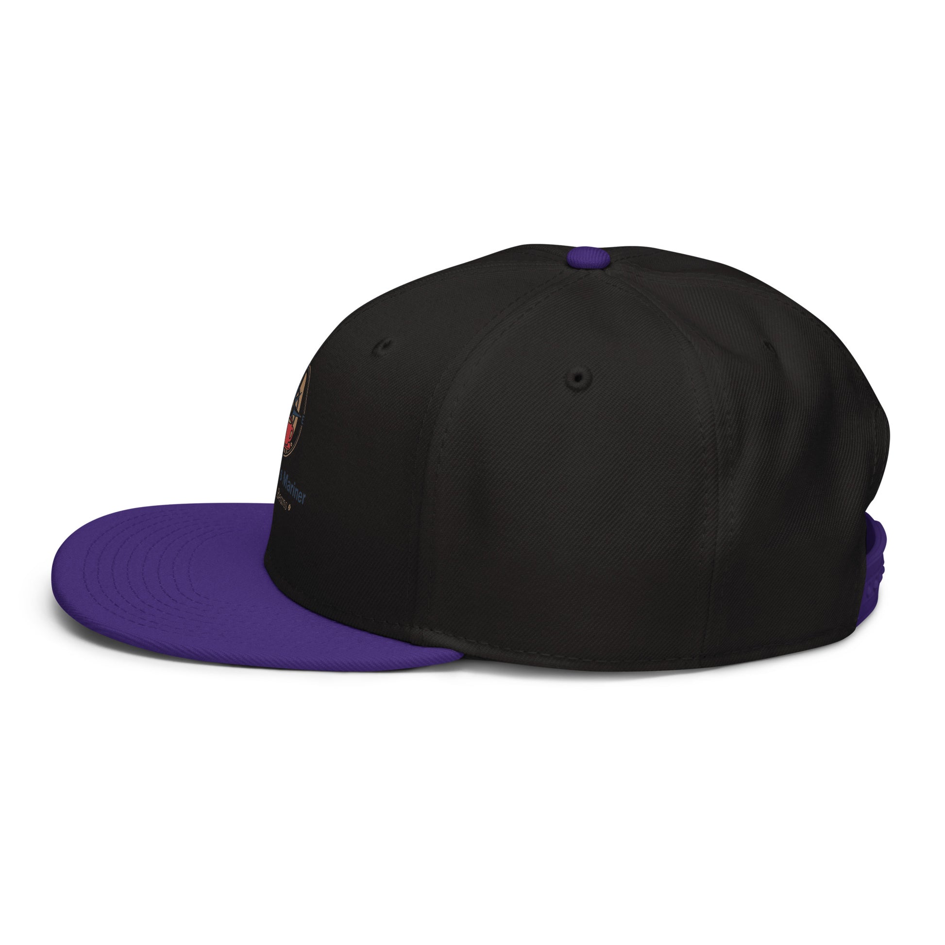 Two-tone snapback hat with black crown and purple brim, purple top button