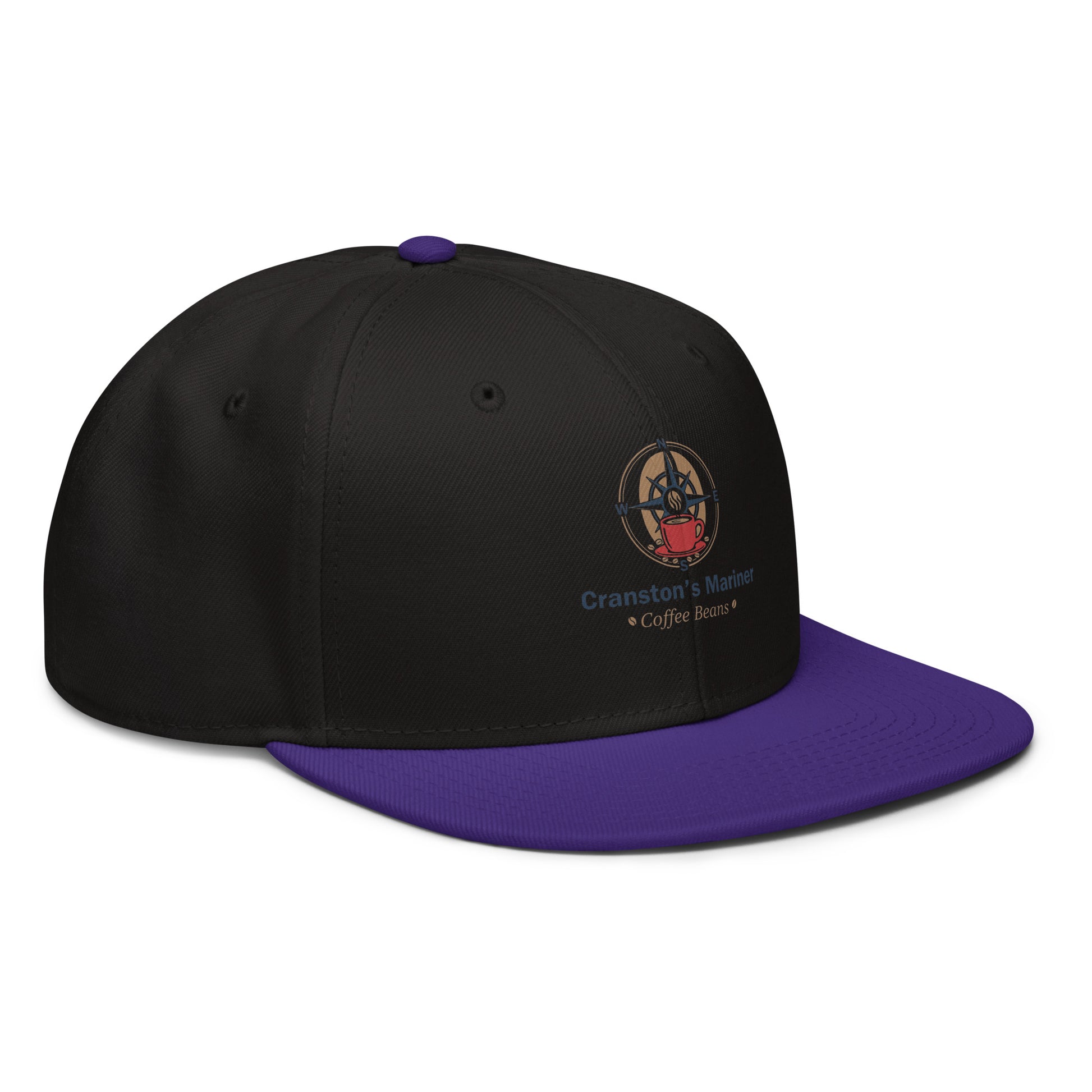 Two-tone snapback hat with black crown and purple brim, front logo patch