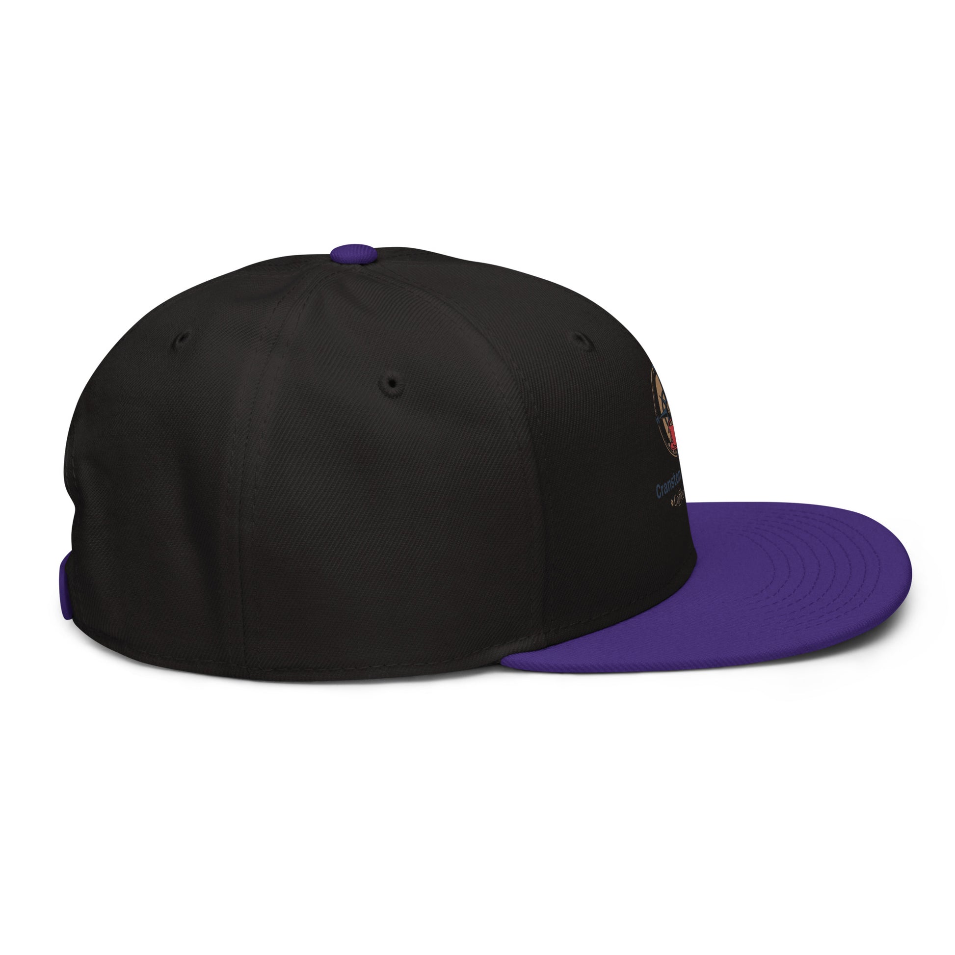 Snapback hat with black crown and purple brim, stitched eyelets on panels